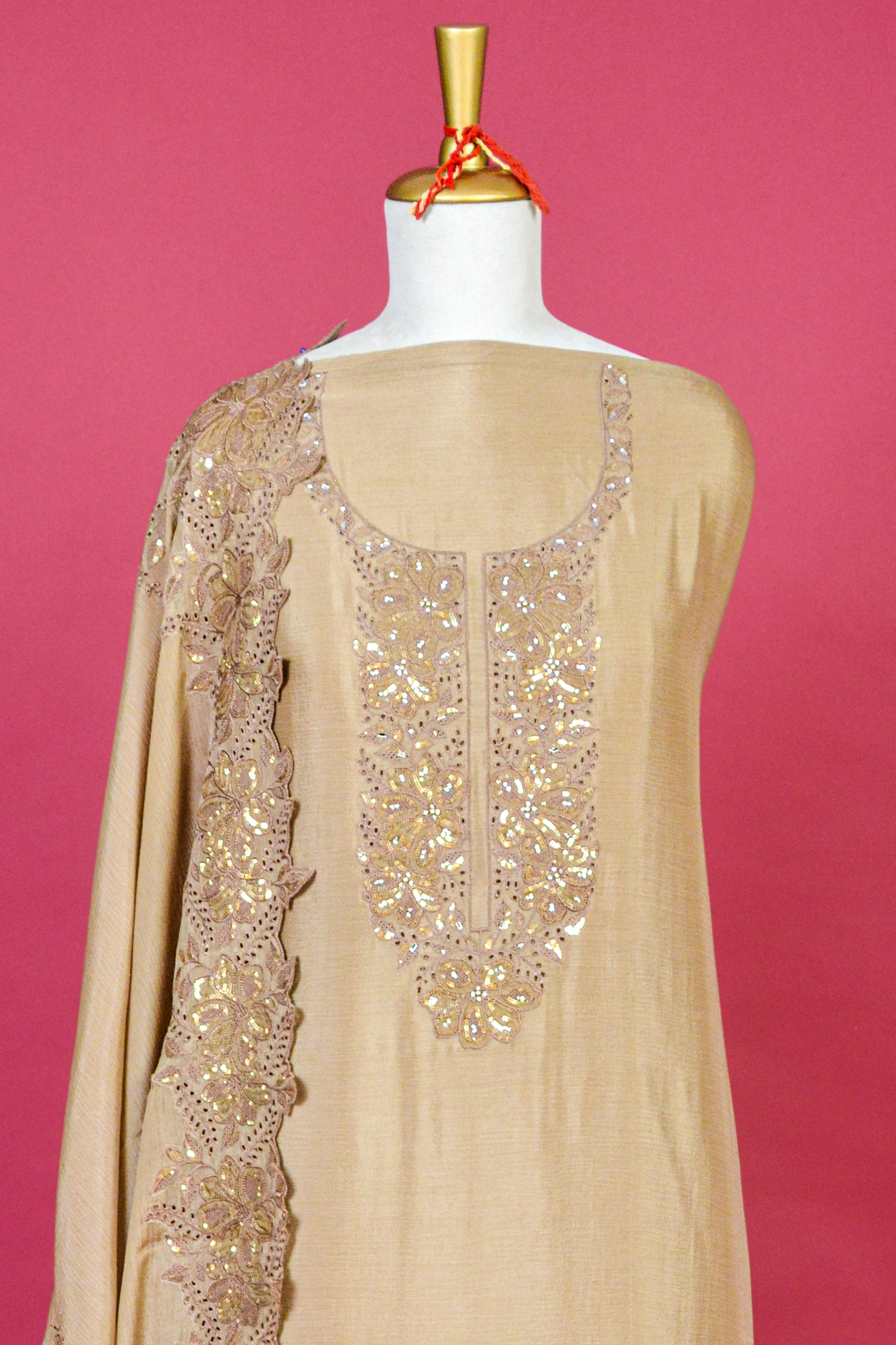 Beige Chinon Embroidered Kurta Dupatta Set with Scalloped Dupatta – 3 piece