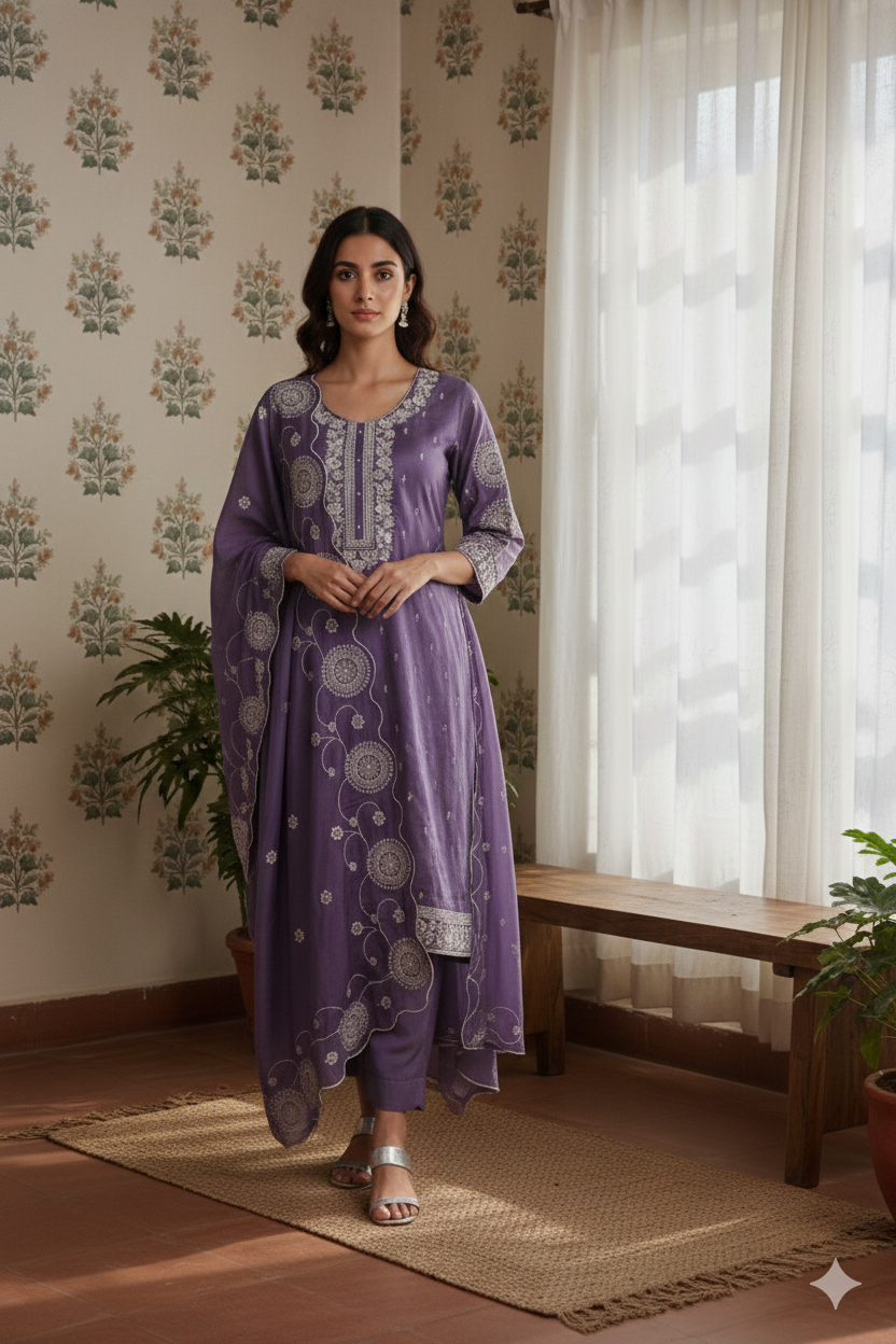 Lavender Upada Silk Suit Set with Zari Embroidery & Scalloped Dupatta – Unstitched 3-Piece