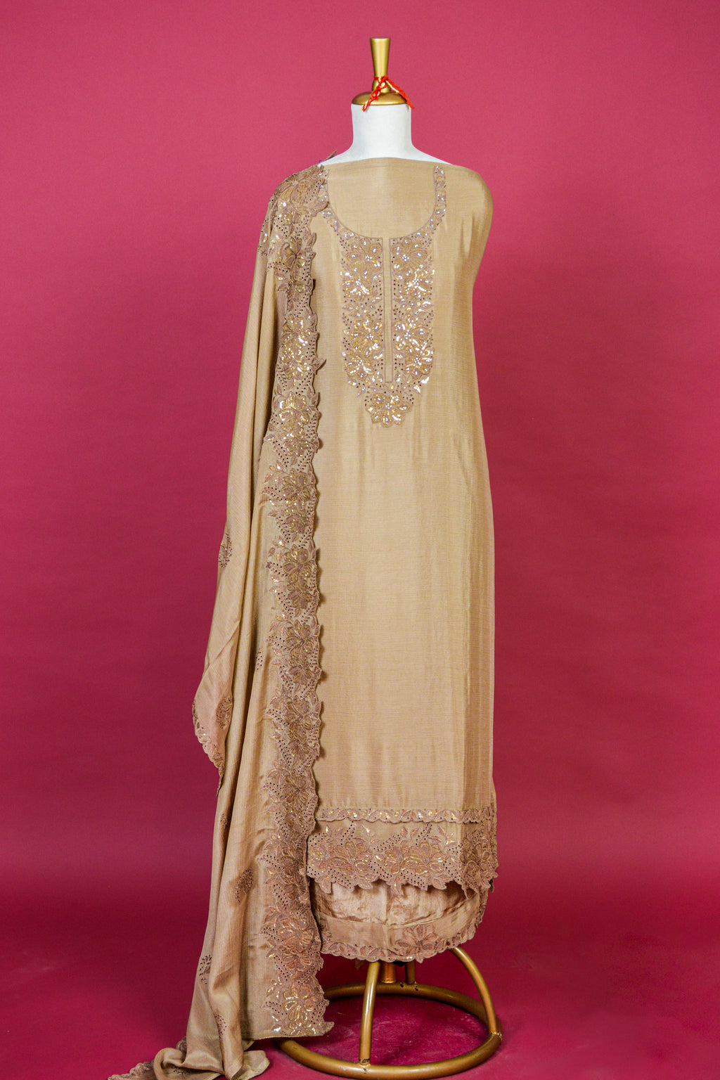 Beige Chinon Embroidered Kurta Dupatta Set with Scalloped Dupatta – 3 piece