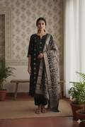 Black Banarasi Silk Weaving Suit Set with Handloom Dupatta – Unstitched 3-Piece