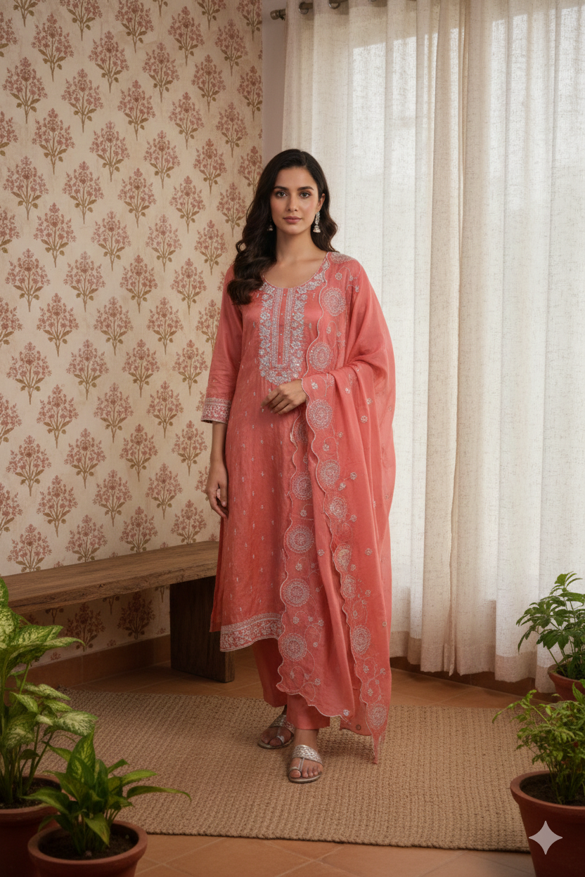 Coral Peach Upada Silk Suit Set with Zari Embroidery & Scalloped Dupatta – Unstitched 3-Piece