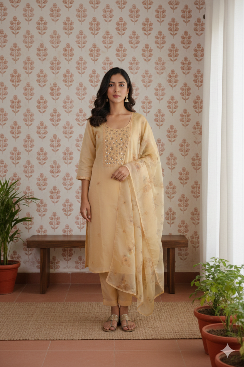 Butter Yellow Organza Jamdani Suit Set with Hand Embroidery & Printed Dupatta – Unstitched 3-Piece