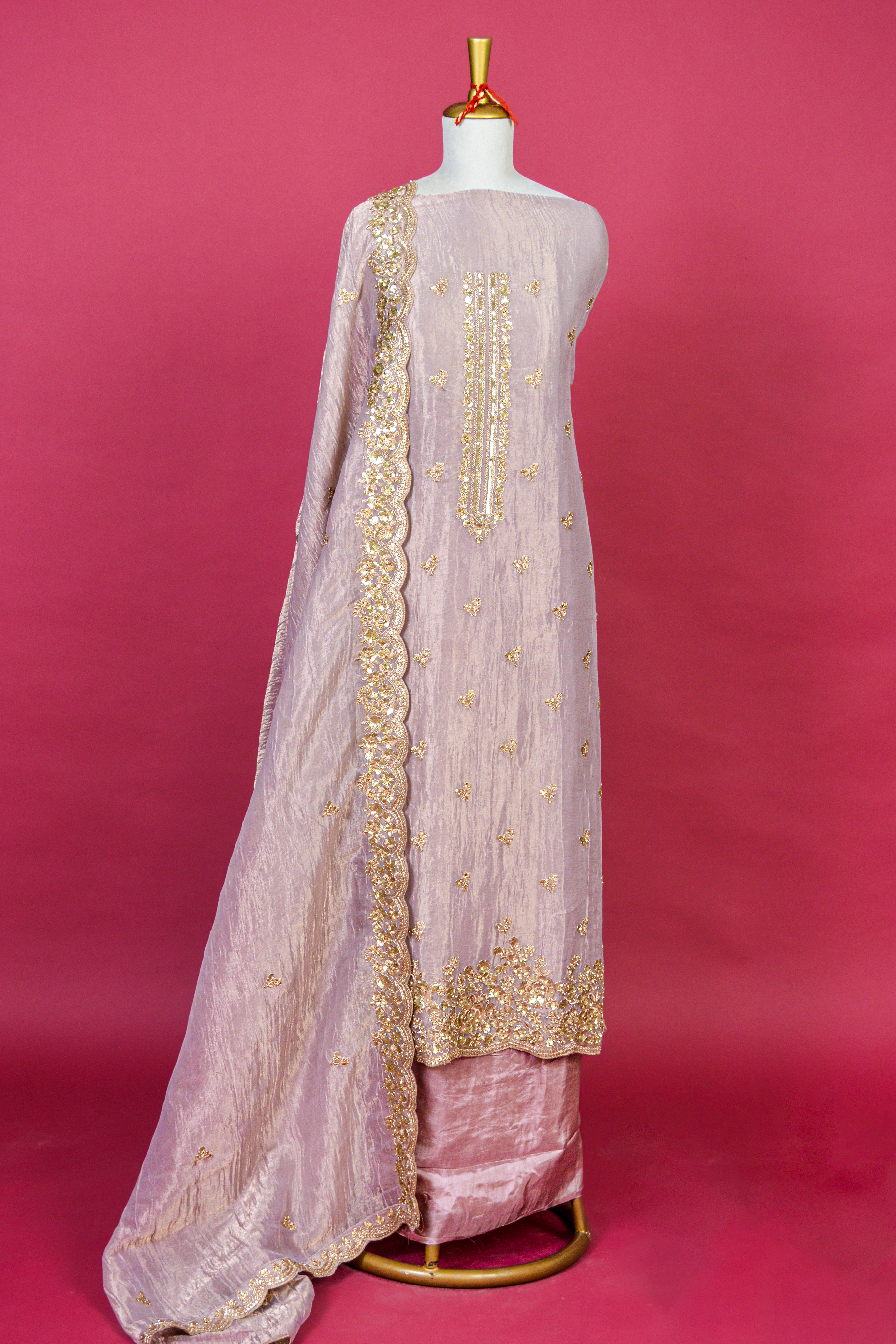 Blush Pink Organza Tissue Embroidered Kurta Dupatta Set – 3 piece