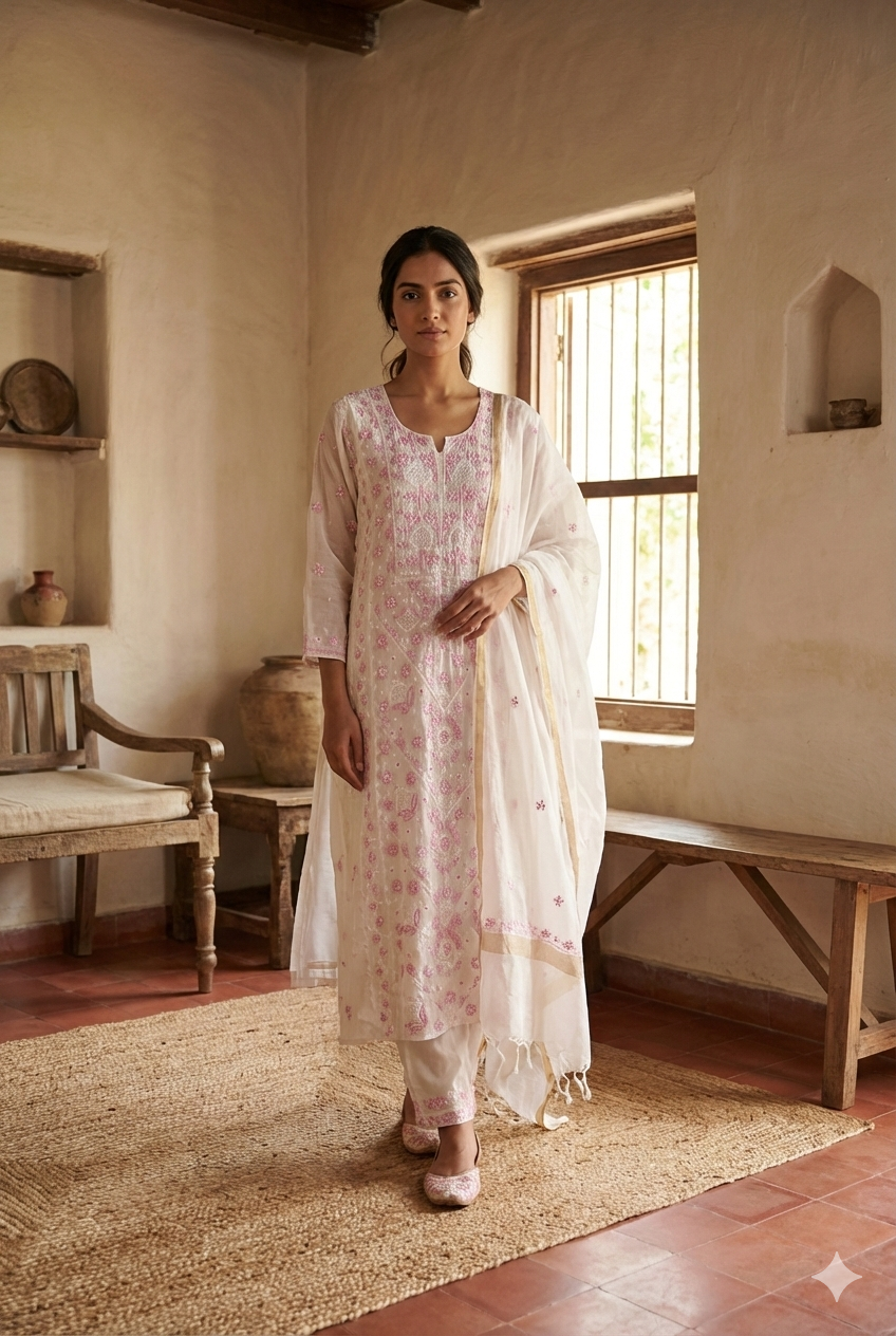 Ivory & Blush Pink Mul Mul Cotton Chikankari Kurta Fabric with Dupatta – Unstitched 2-Piece Set