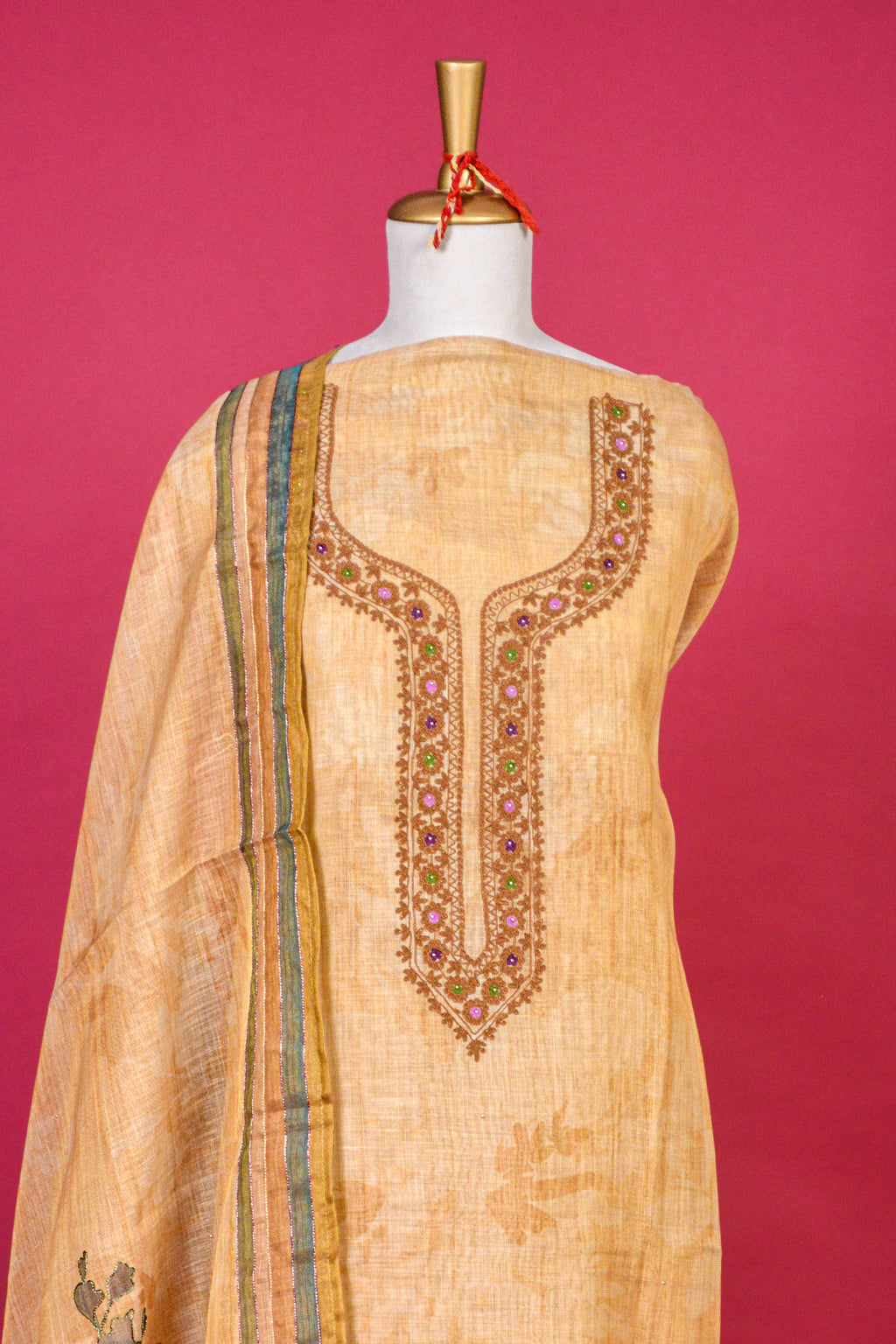 Earthy Yellow Linen Jamdani Dori Work Kurta with Digital Print Dupatta – 3 piece