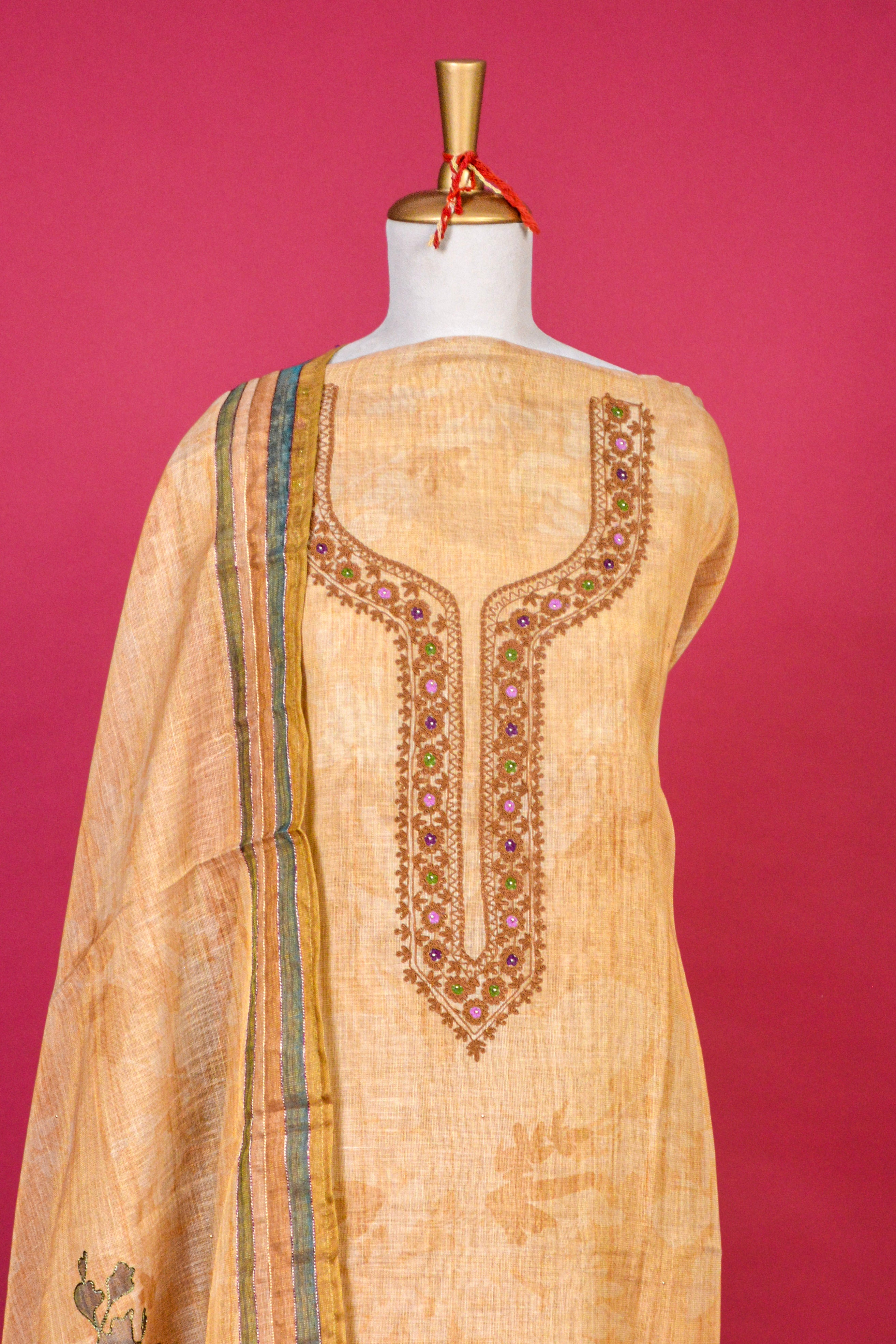 Earthy Yellow Linen Jamdani Dori Work Kurta with Digital Print Dupatta – 3 piece