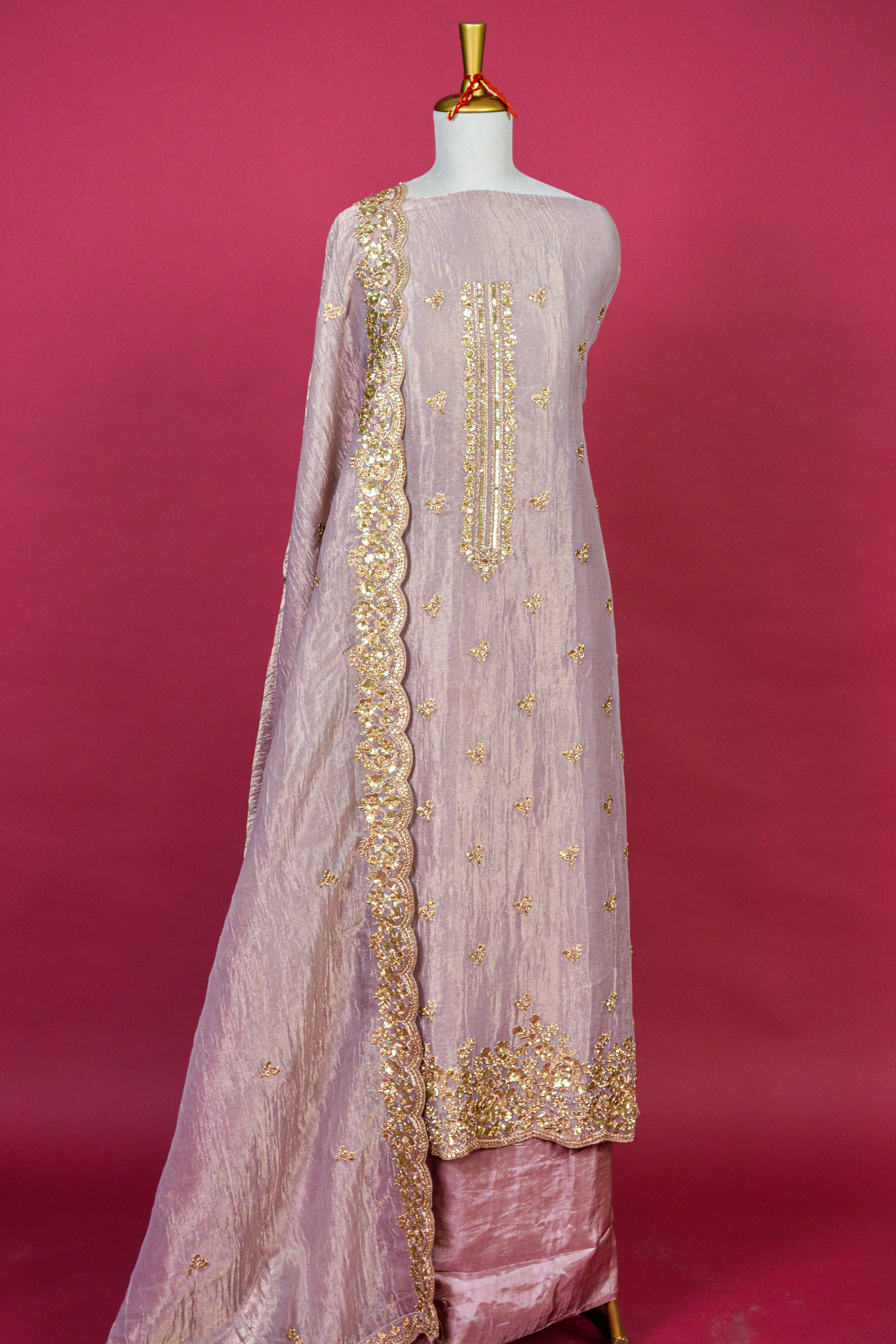 Blush Pink Organza Tissue Embroidered Kurta Dupatta Set – 3 piece