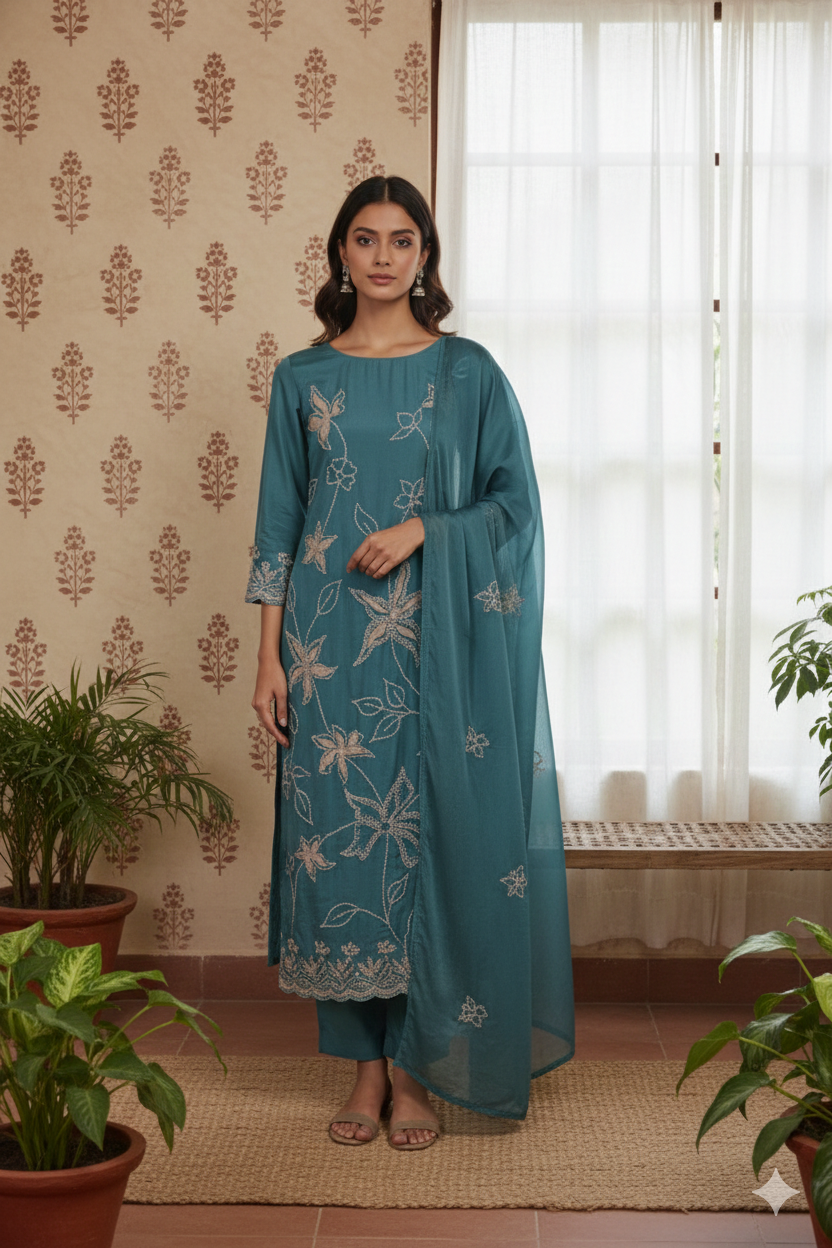Teal Blue Chanderi Suit Set with French Knot Embroidery – Unstitched 3-Piece