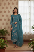 Teal Blue Chanderi Suit Set with French Knot Embroidery – Unstitched 3-Piece