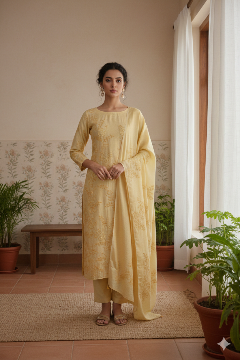 Sunlight Yellow Chanderi Suit Set with French Knot Embroidery – Unstitched 3-Piece