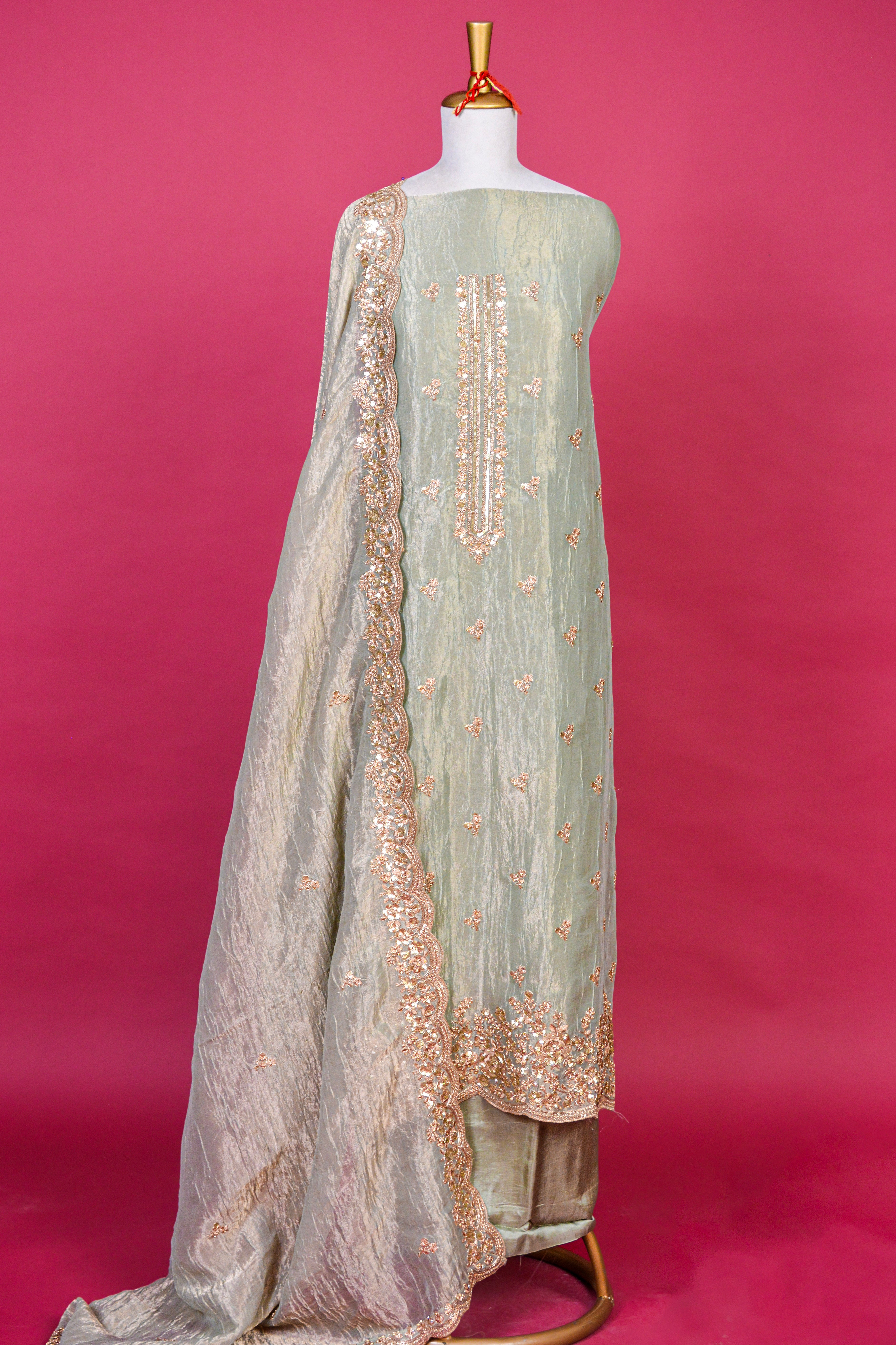 Soft Sage Organza Tissue Embroidered Kurta Dupatta Set – 3 piece