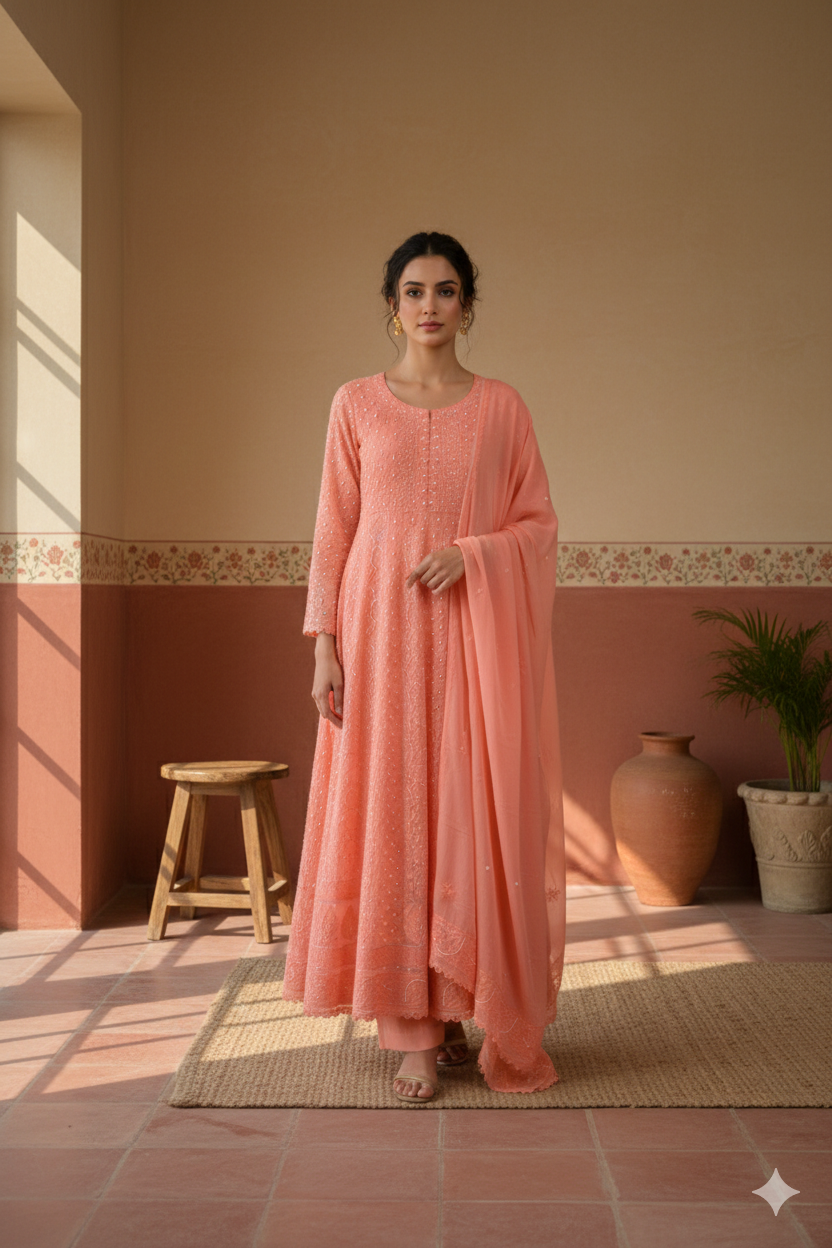 Chikankari Anarkali Kurta & Dupatta Set with Pearl Detailing – Unstitched 2-Piece - Gerogette