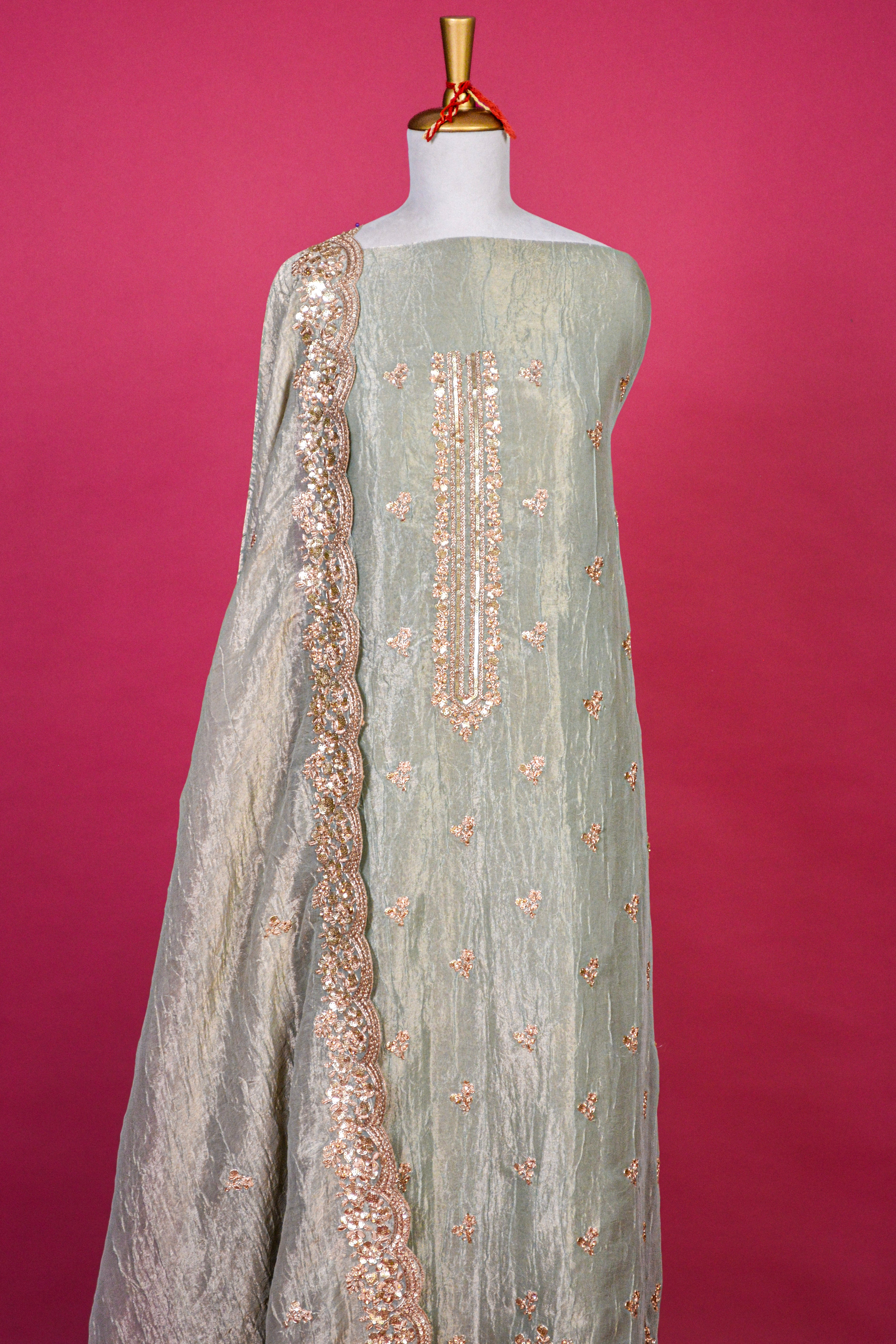 Soft Sage Organza Tissue Embroidered Kurta Dupatta Set – 3 piece