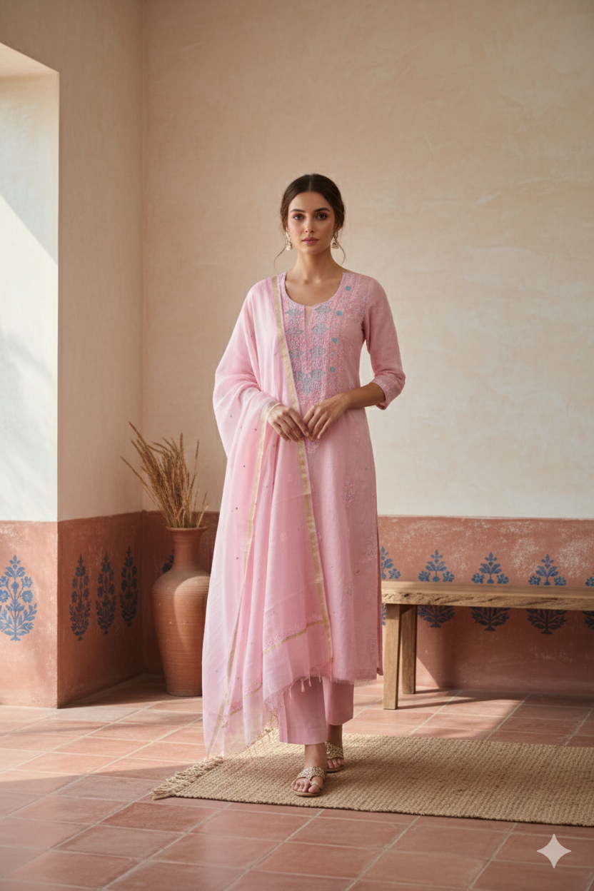 Ice Pink Chikankari Hand Embroidered Kurta & Dupatta Set - Mul mul cotton