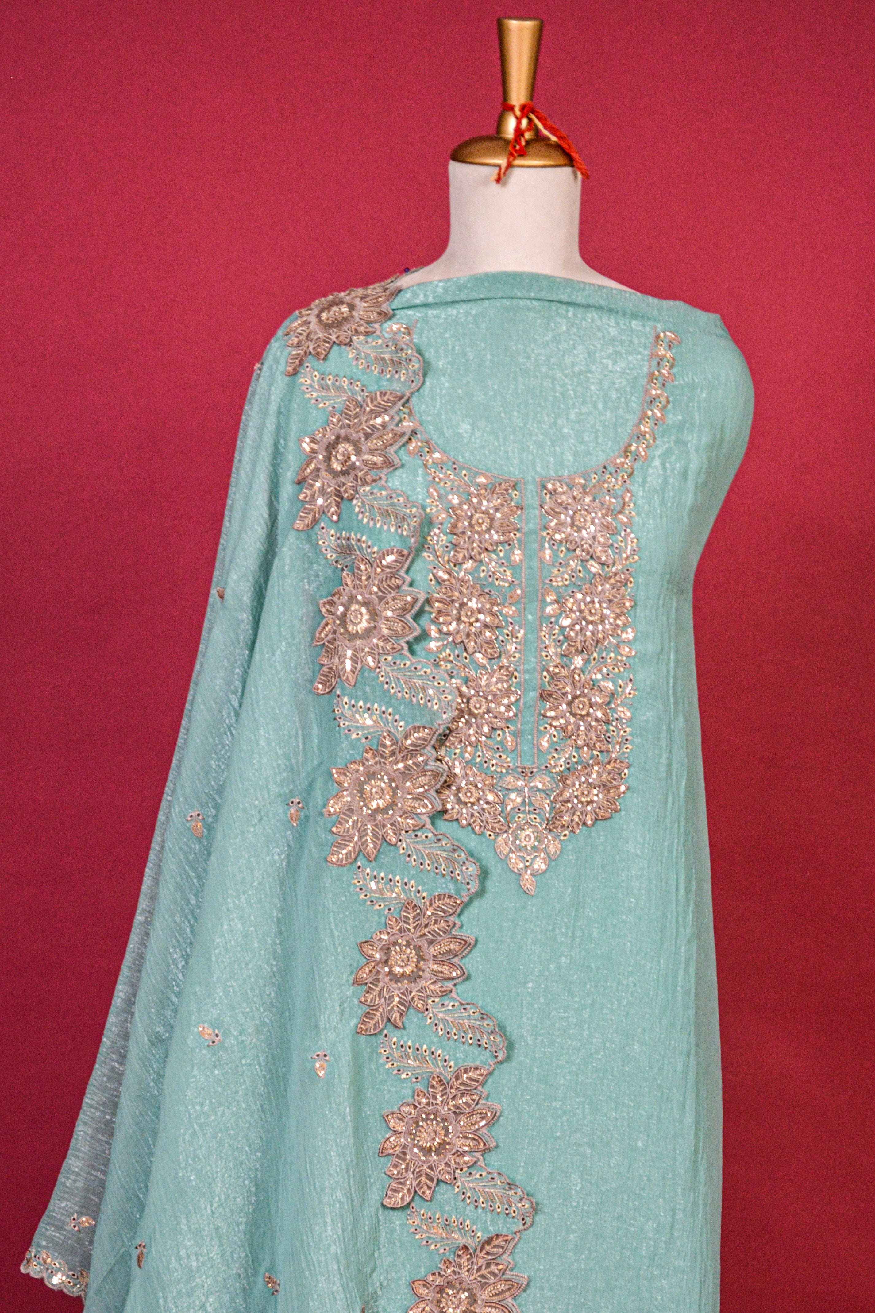 Sky Blue Textured Organza Tissue Embroidered Kurta Dupatta Set – 3 piece