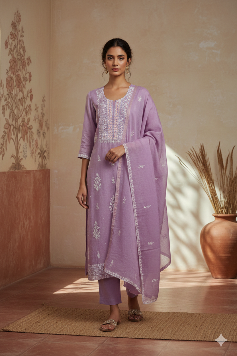 Icy Mauve Chikankari Mul Mul Cotton Kurta Dupatta Set - 2 piece