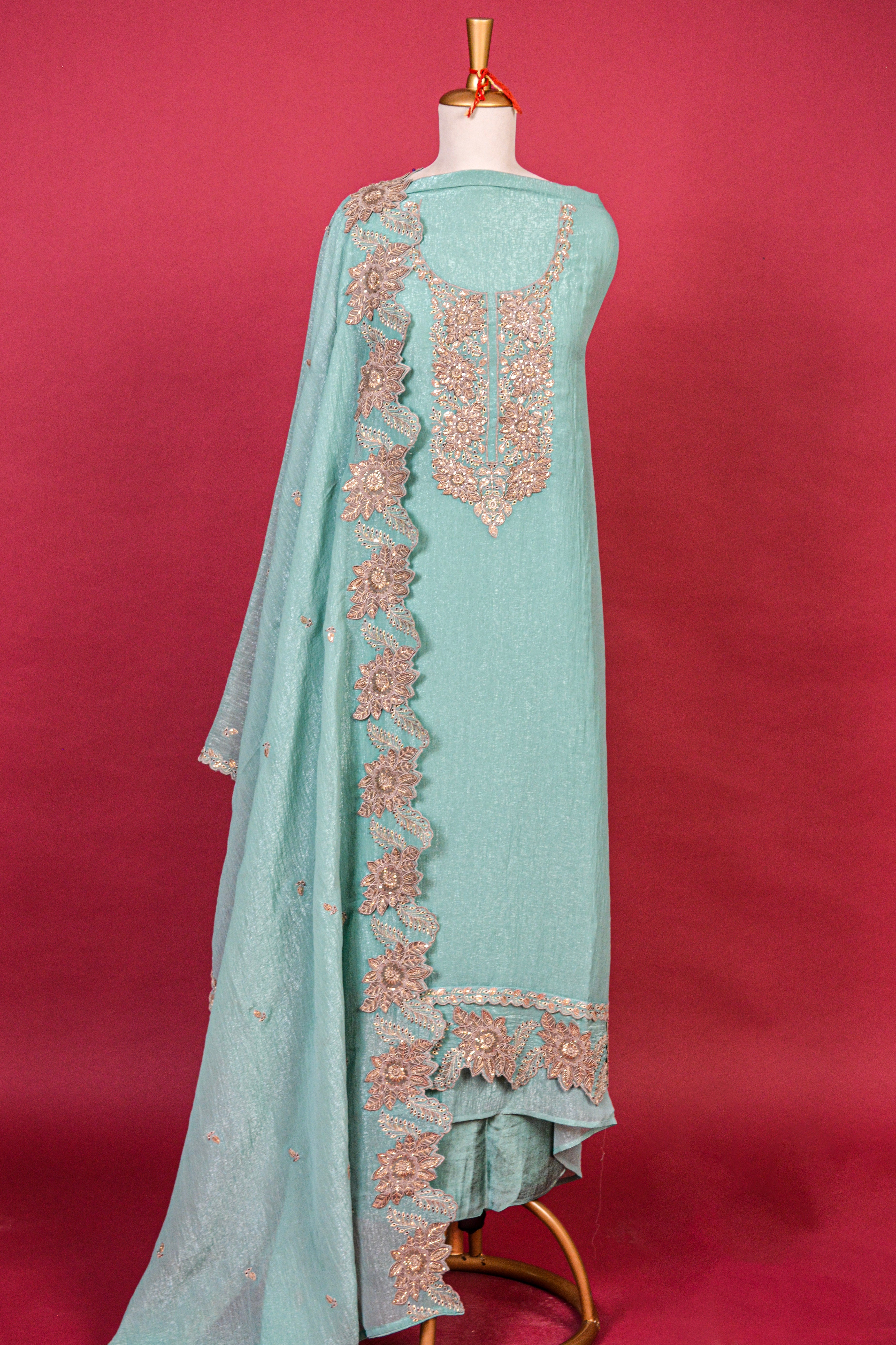 Sky Blue Textured Organza Tissue Embroidered Kurta Dupatta Set – 3 piece