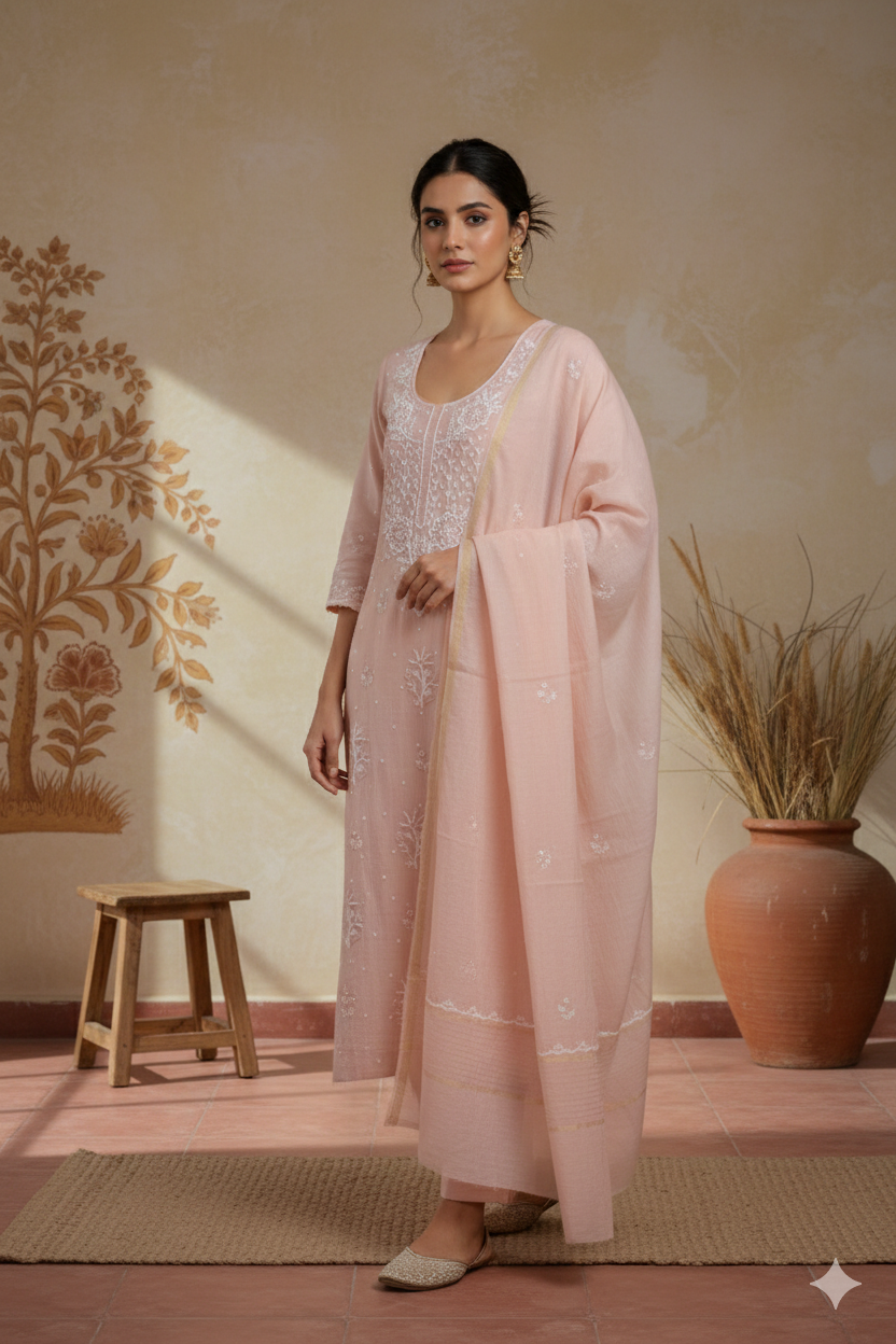 Soft Blush Pink Chikankari Mul Mul Cotton Kurta Dupatta Set – 2 piece