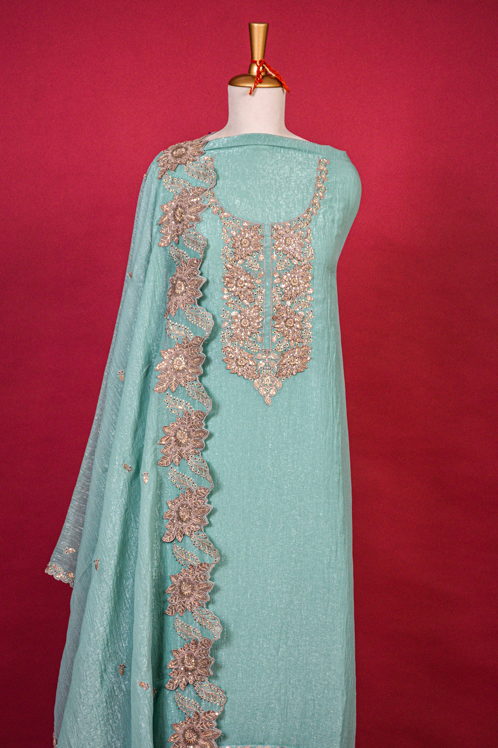 Sky Blue Textured Organza Tissue Embroidered Kurta Dupatta Set – 3 piece