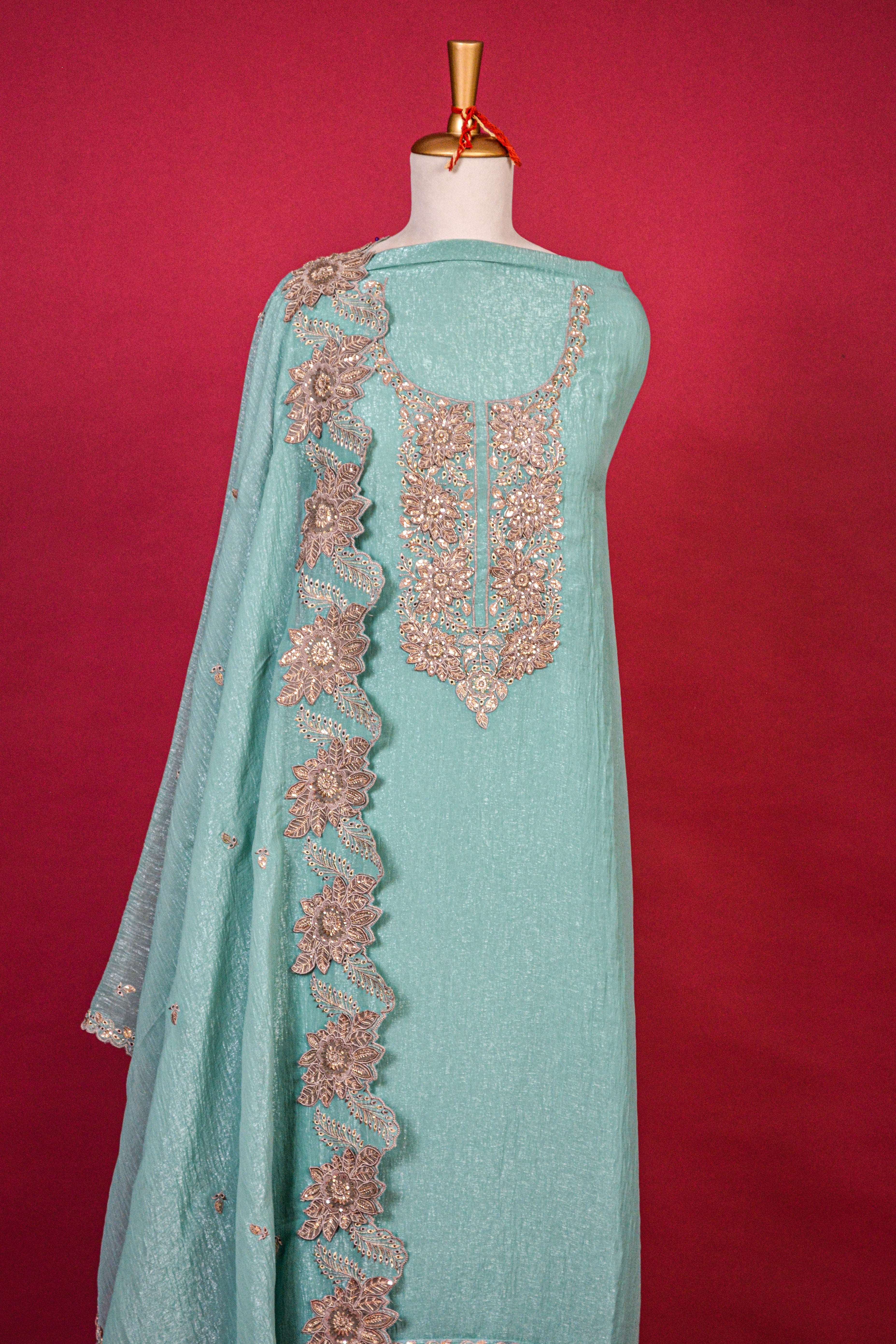 Sky Blue Textured Organza Tissue Embroidered Kurta Dupatta Set – 3 piece