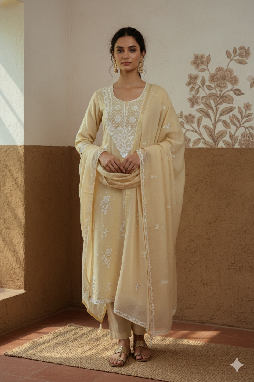 Soft Beige Chikankari Mul Mul Cotton Kurta Dupatta Set – 2 piece