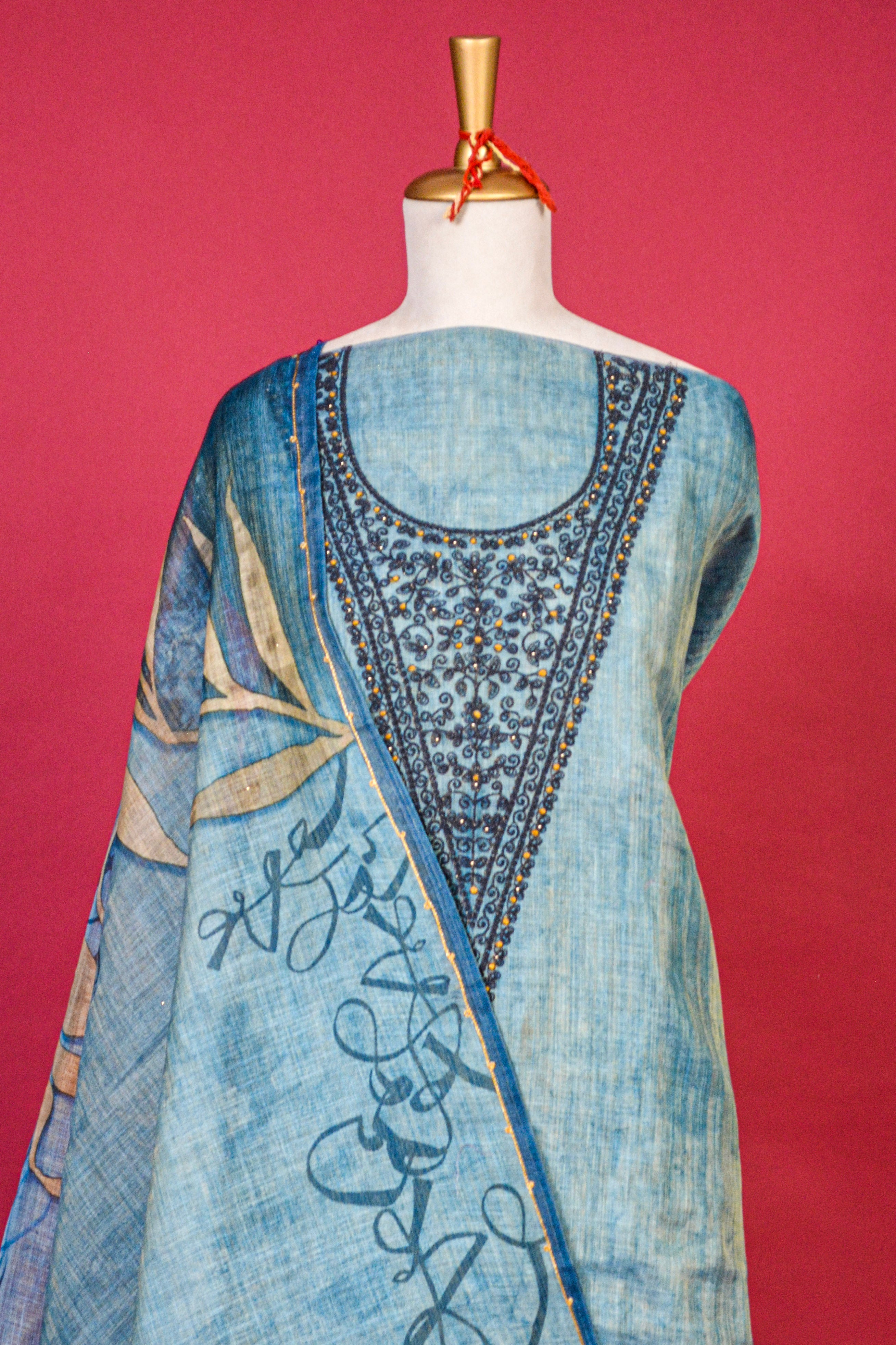 Sky Blue Linen Jamdani Dori Work Kurta Dupatta Set – 3 piece