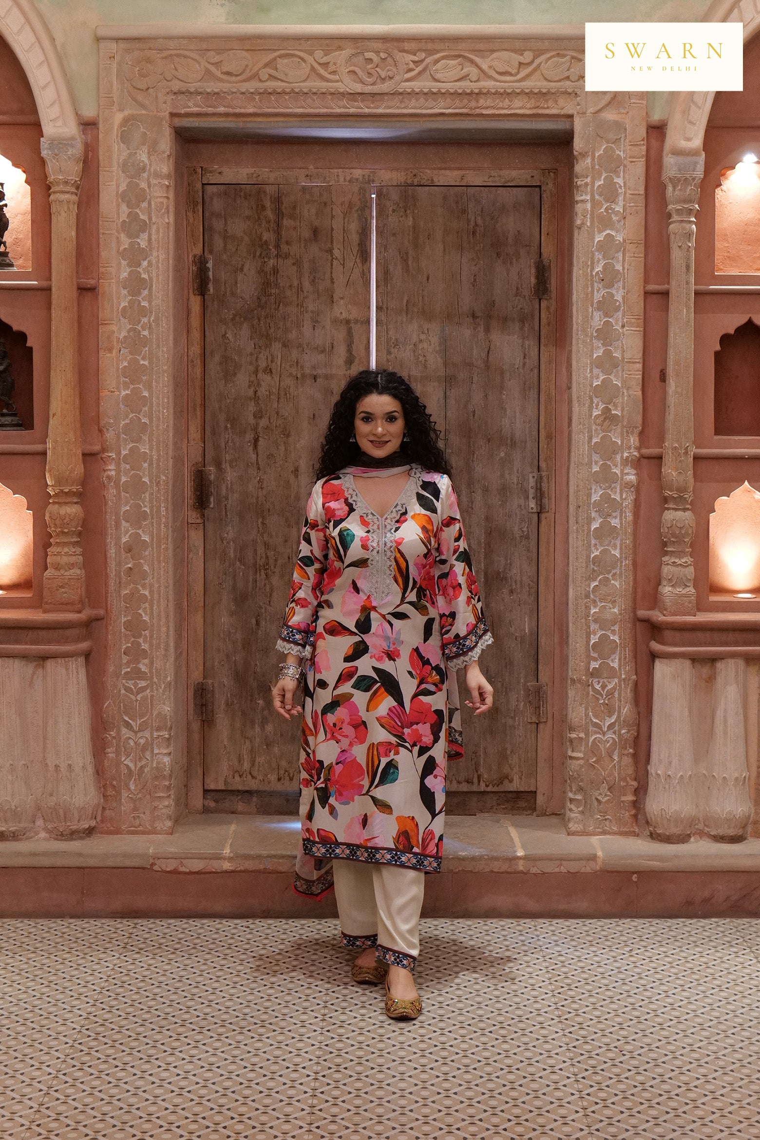 Cotton Muslin Hand Embroidered Kurta Dupatta Set with Chiffon Dupatta – 3 piece