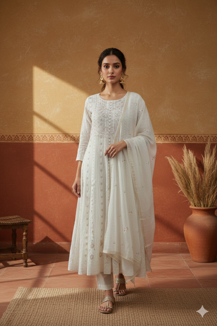 Soft Ivory Chikankari Mul Mul Cotton Kurta Dupatta Set – 2 piece
