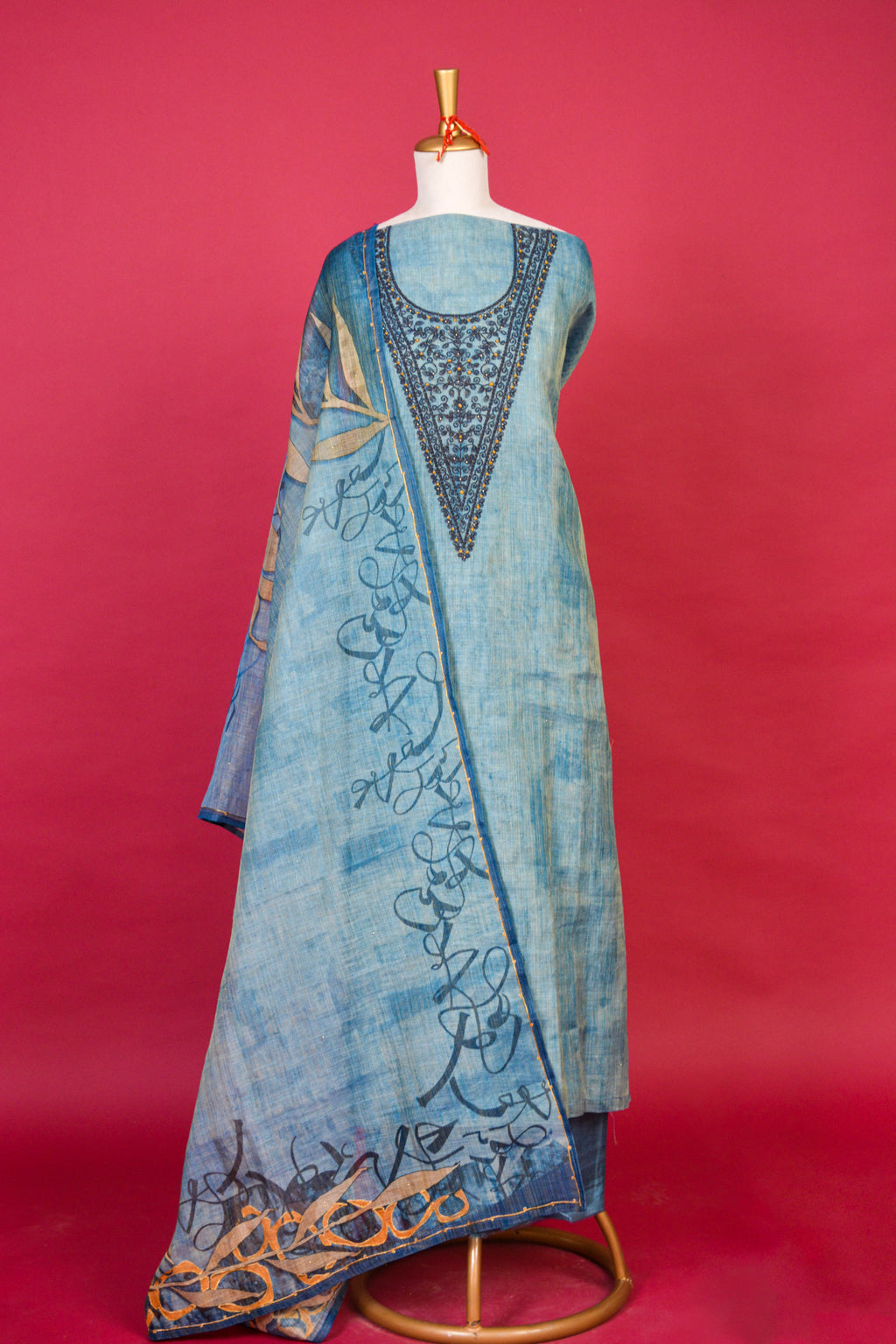 Sky Blue Linen Jamdani Dori Work Kurta Dupatta Set – 3 piece