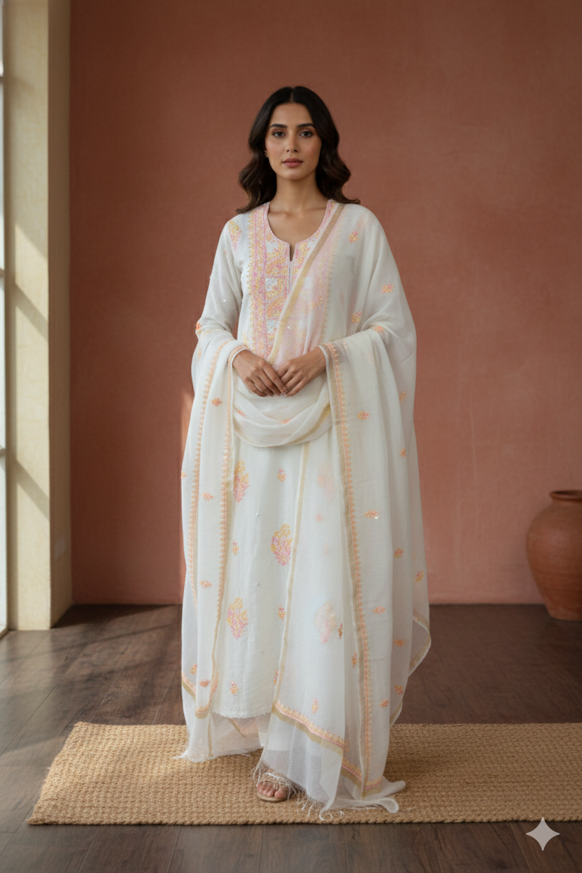 Ivory Chikankari Mul Mul Cotton Kurta Dupatta Set – 2 piece