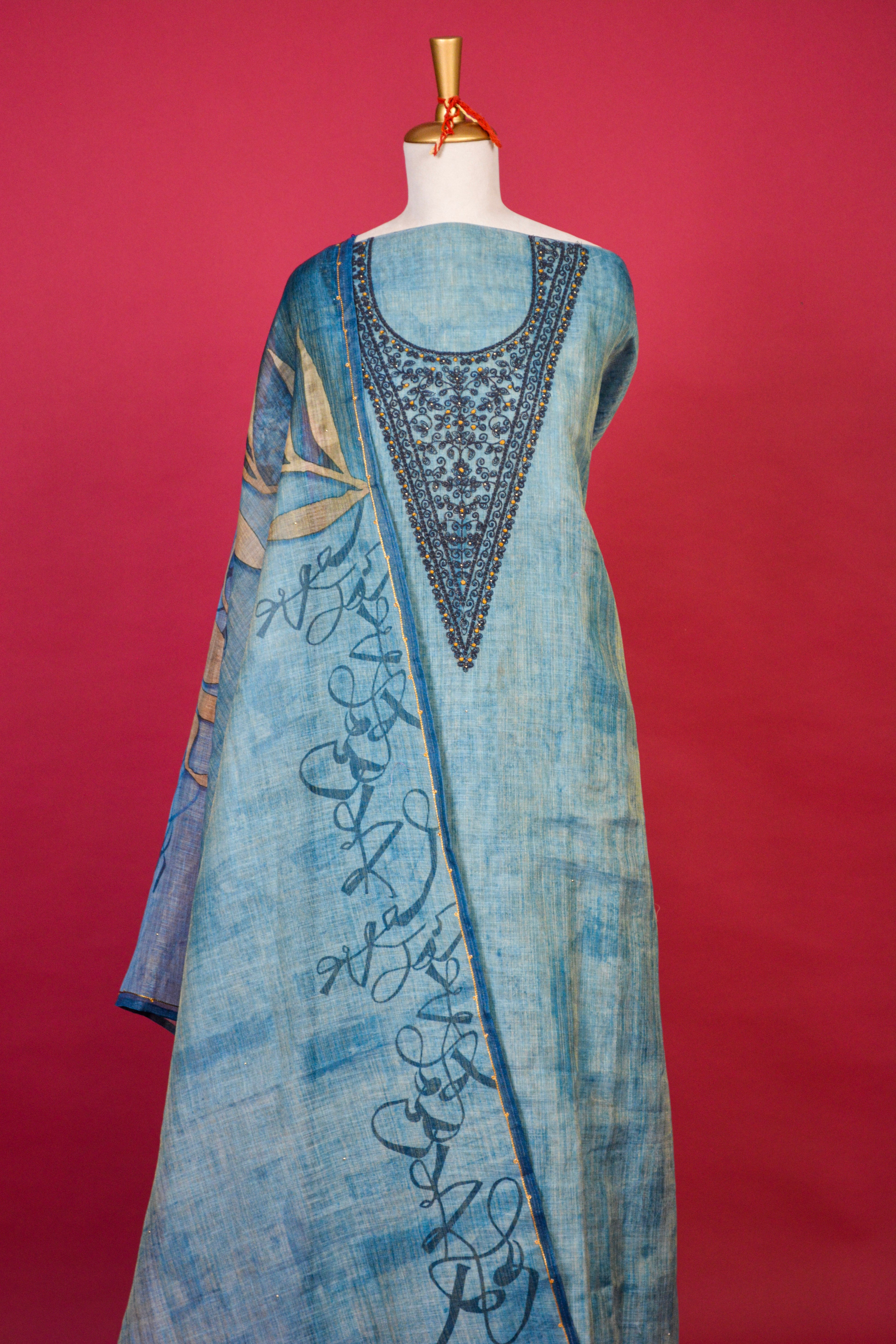 Sky Blue Linen Jamdani Dori Work Kurta Dupatta Set – 3 piece