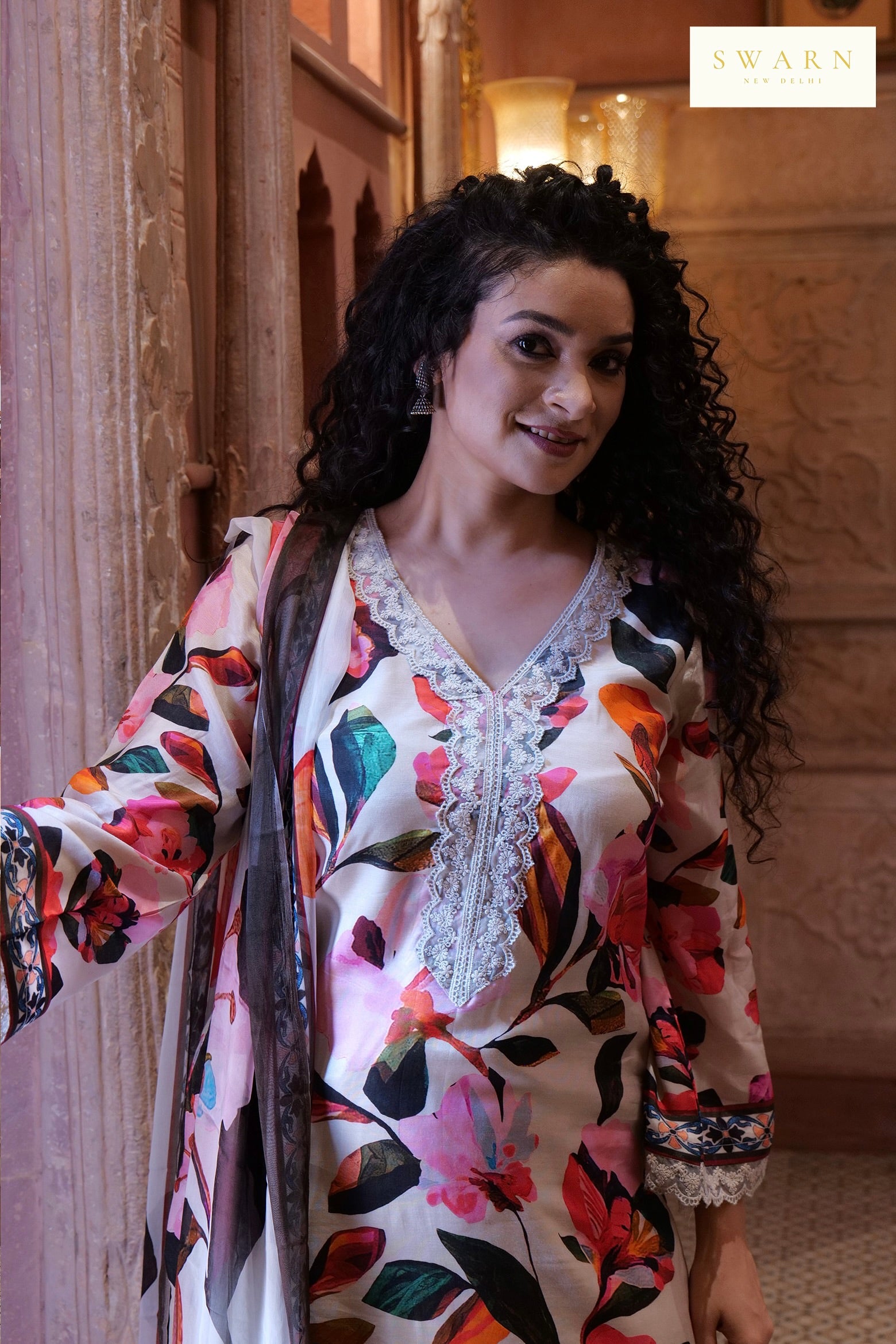 Cotton Muslin Hand Embroidered Kurta Dupatta Set with Chiffon Dupatta – 3 piece