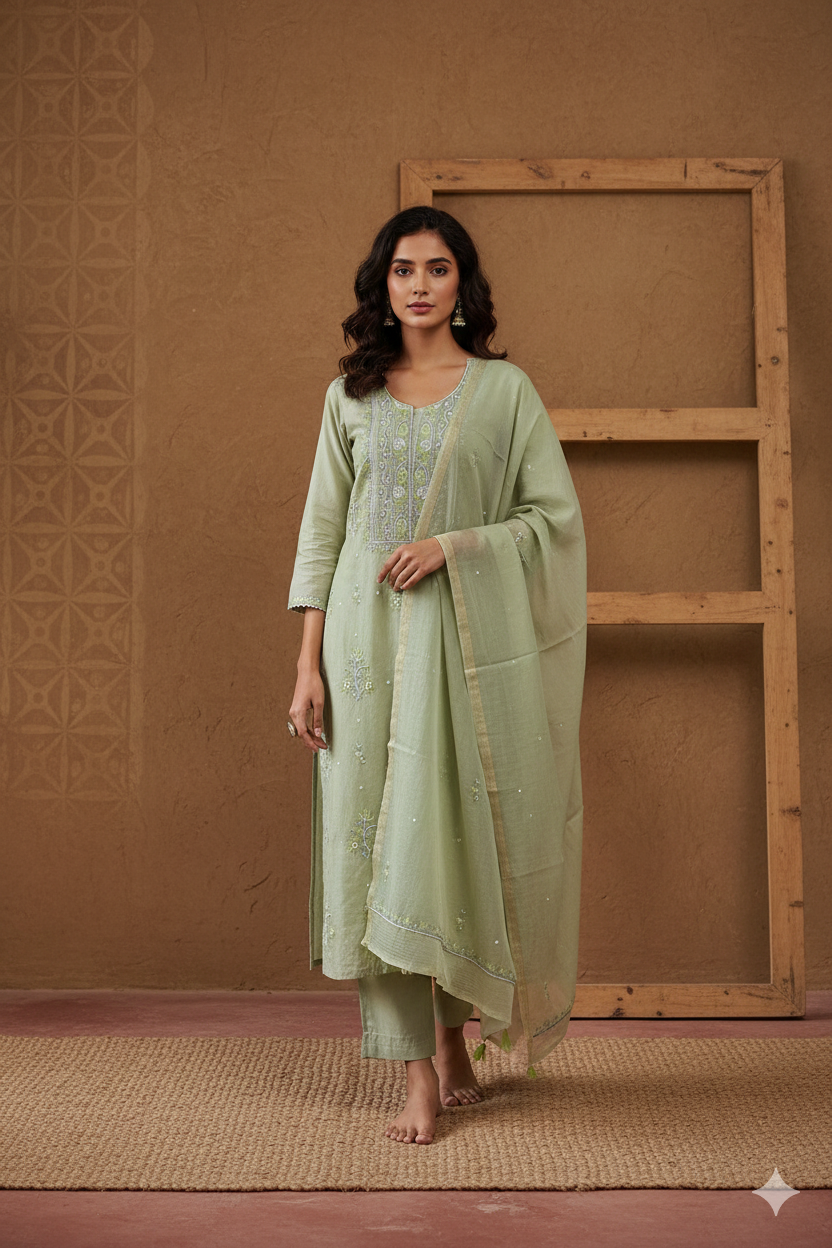 Pistachio Green Chikankari Mul Mul Cotton Kurta Dupatta Set – 2 piece