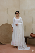 Ivory Mul Mul Cotton Chikankari Anarkali Fabric with Dupatta – Unstitched 2-Piece Set
