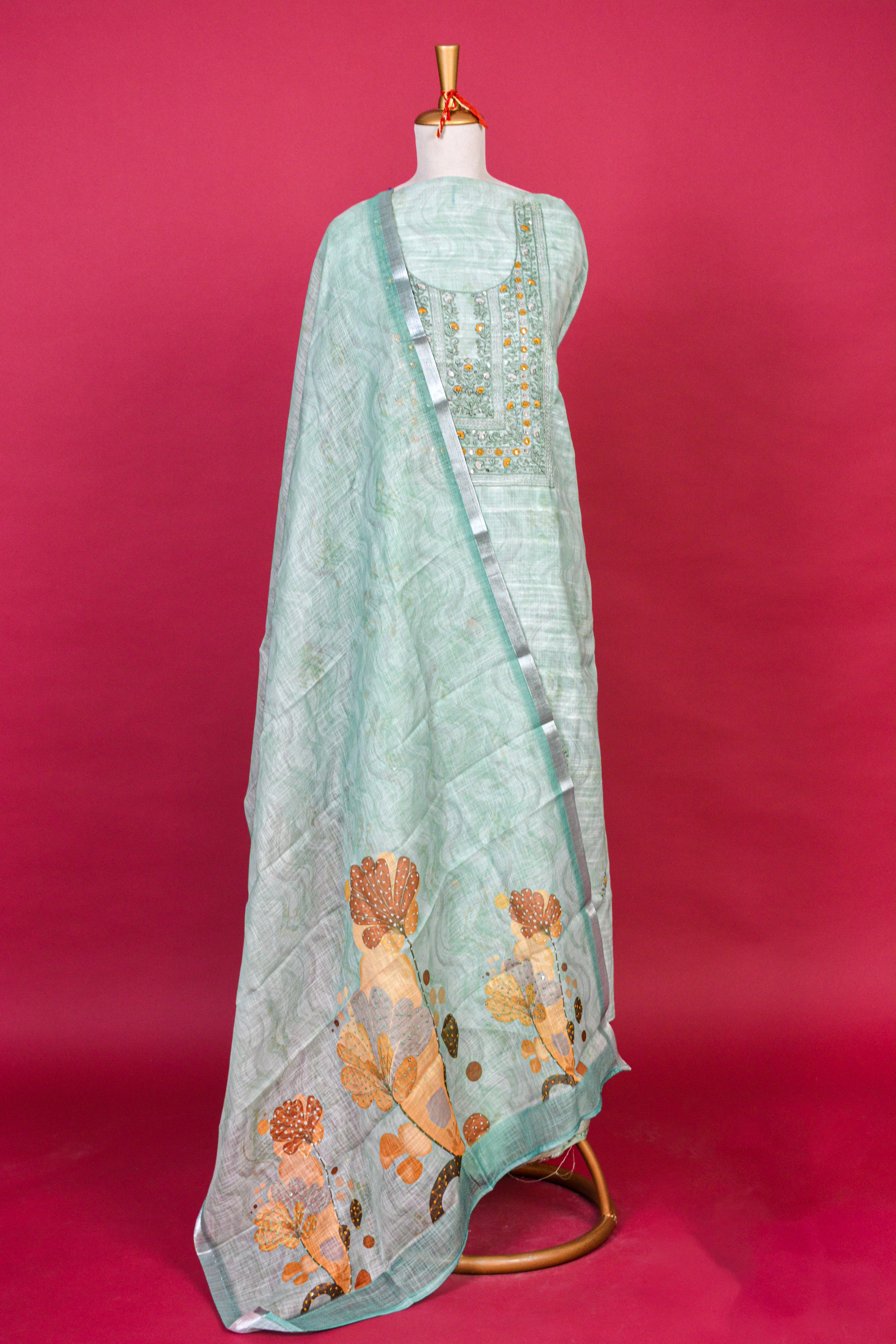 Earthy Green Jamdani Linen Kurta Dupatta Set – 3 piece