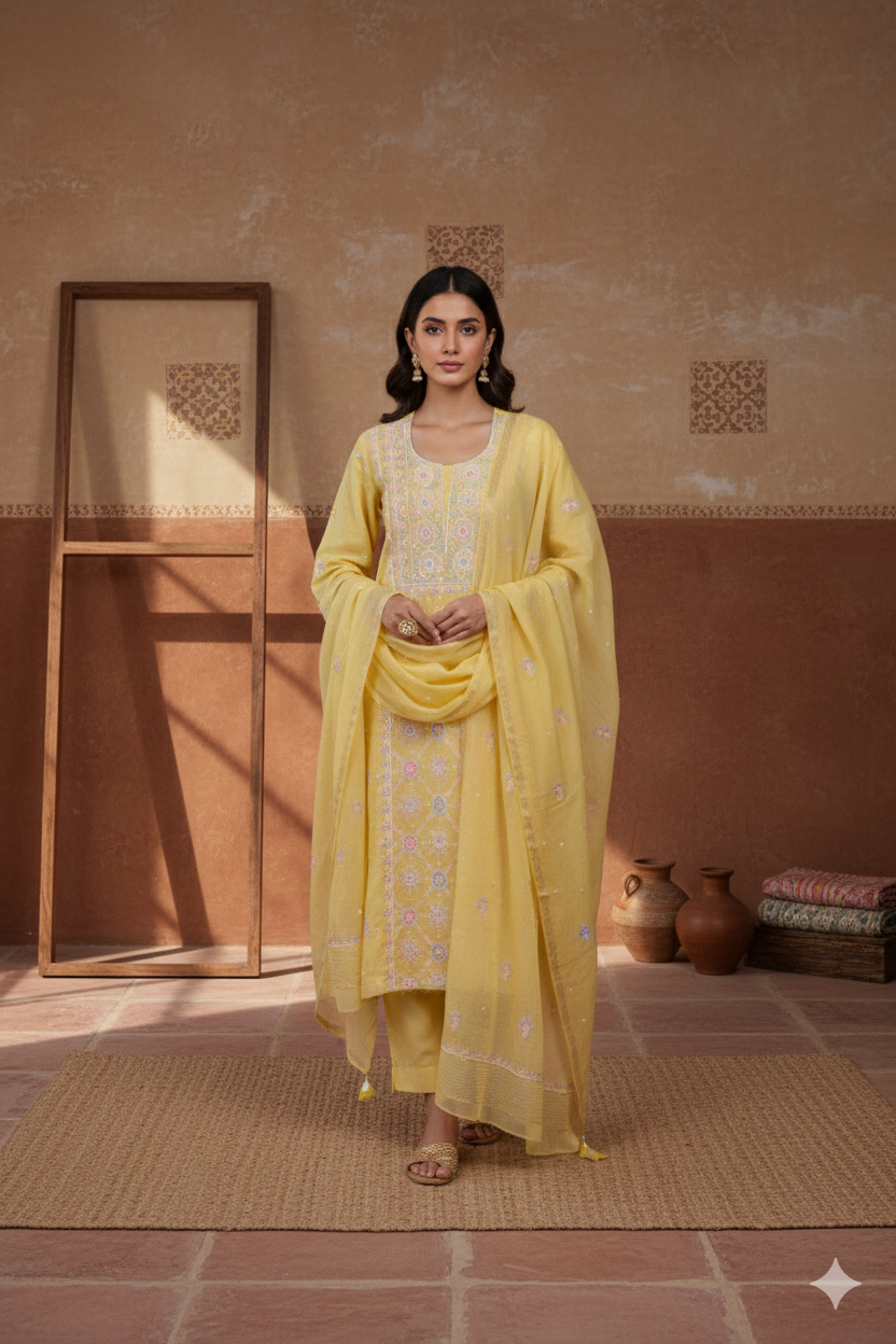 Sunlight Yellow Chikankari Mul Mul Cotton Kurta Dupatta Set – 2 piece