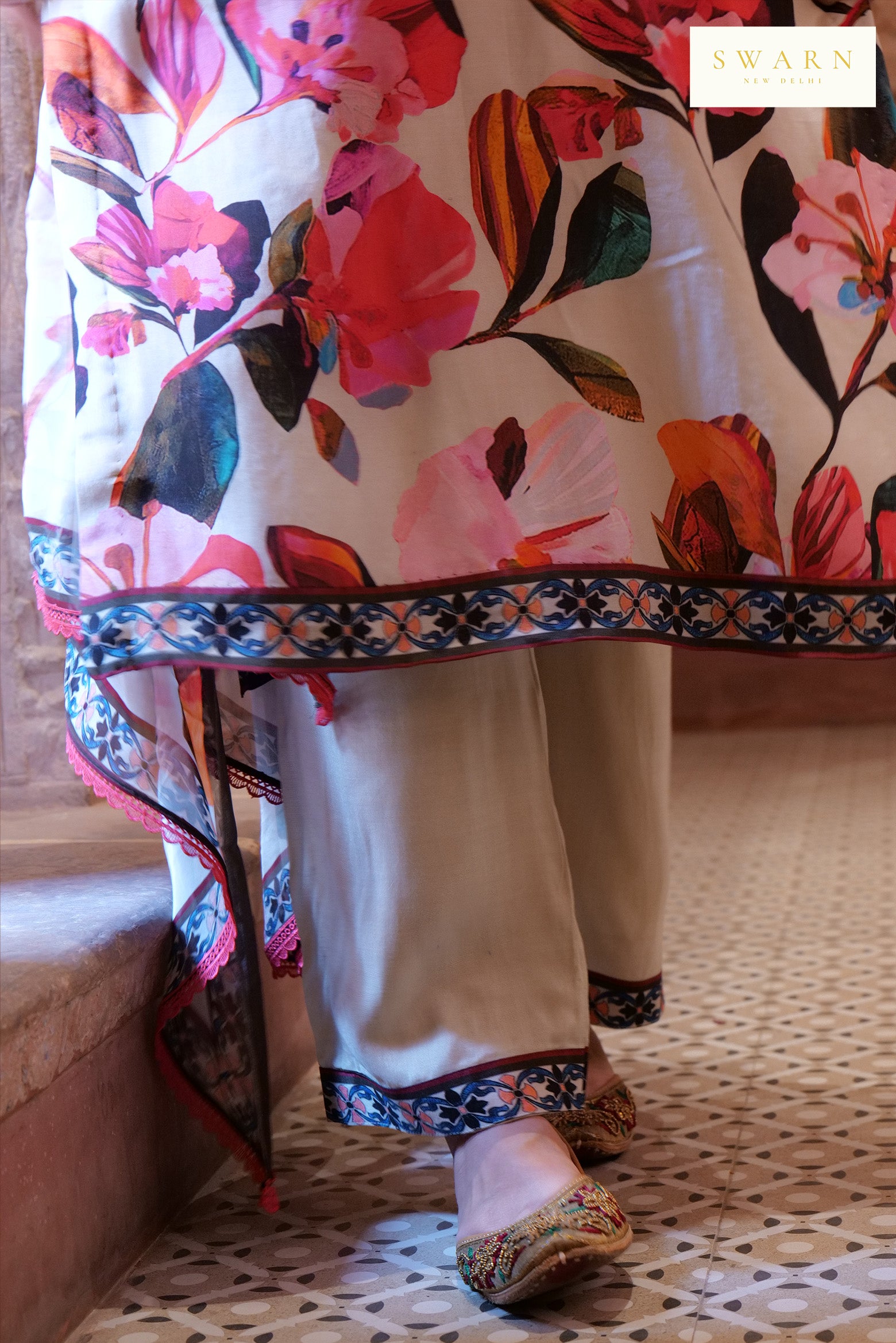 Cotton Muslin Hand Embroidered Kurta Dupatta Set with Chiffon Dupatta – 3 piece