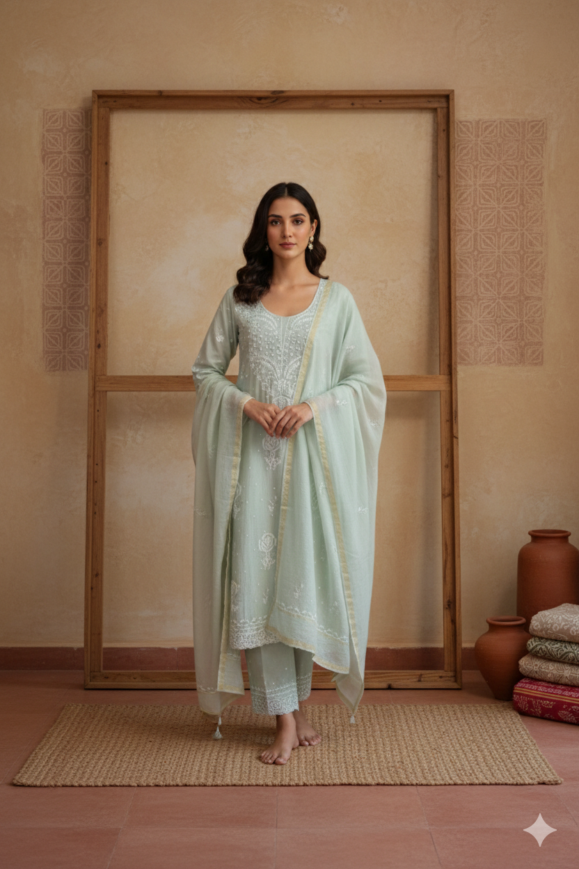 Mint Green Chikankari Mul Mul Cotton Kurta Dupatta Set – 2 piece