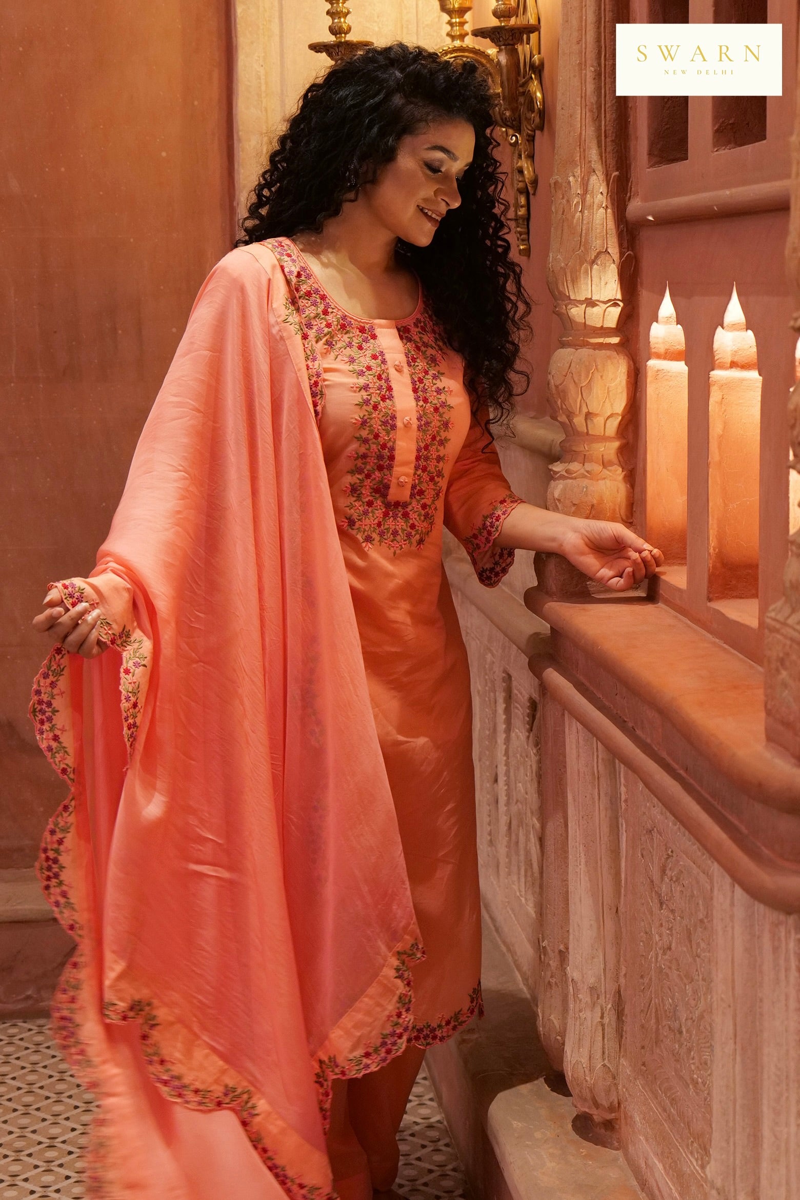 Salmon Pink Cotton Cambric Embroidered Kurta Dupatta Set – 3 piece