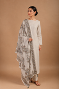 Light beige Digital Printed Linen Suit Set with French Knots & Kantha Highlights