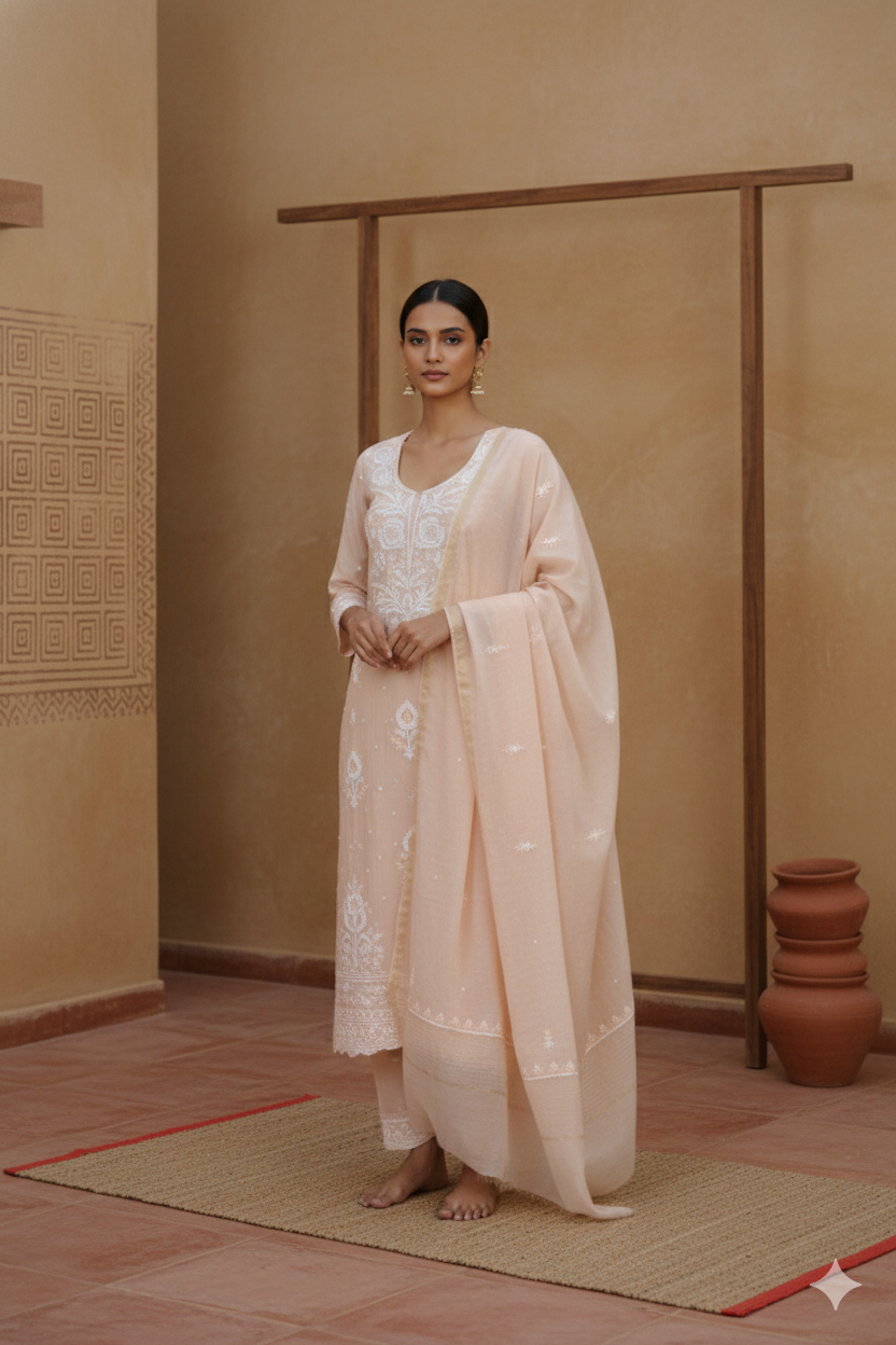 Light Peach Chikankari Mul Mul Cotton Kurta Dupatta Set – 2 piece