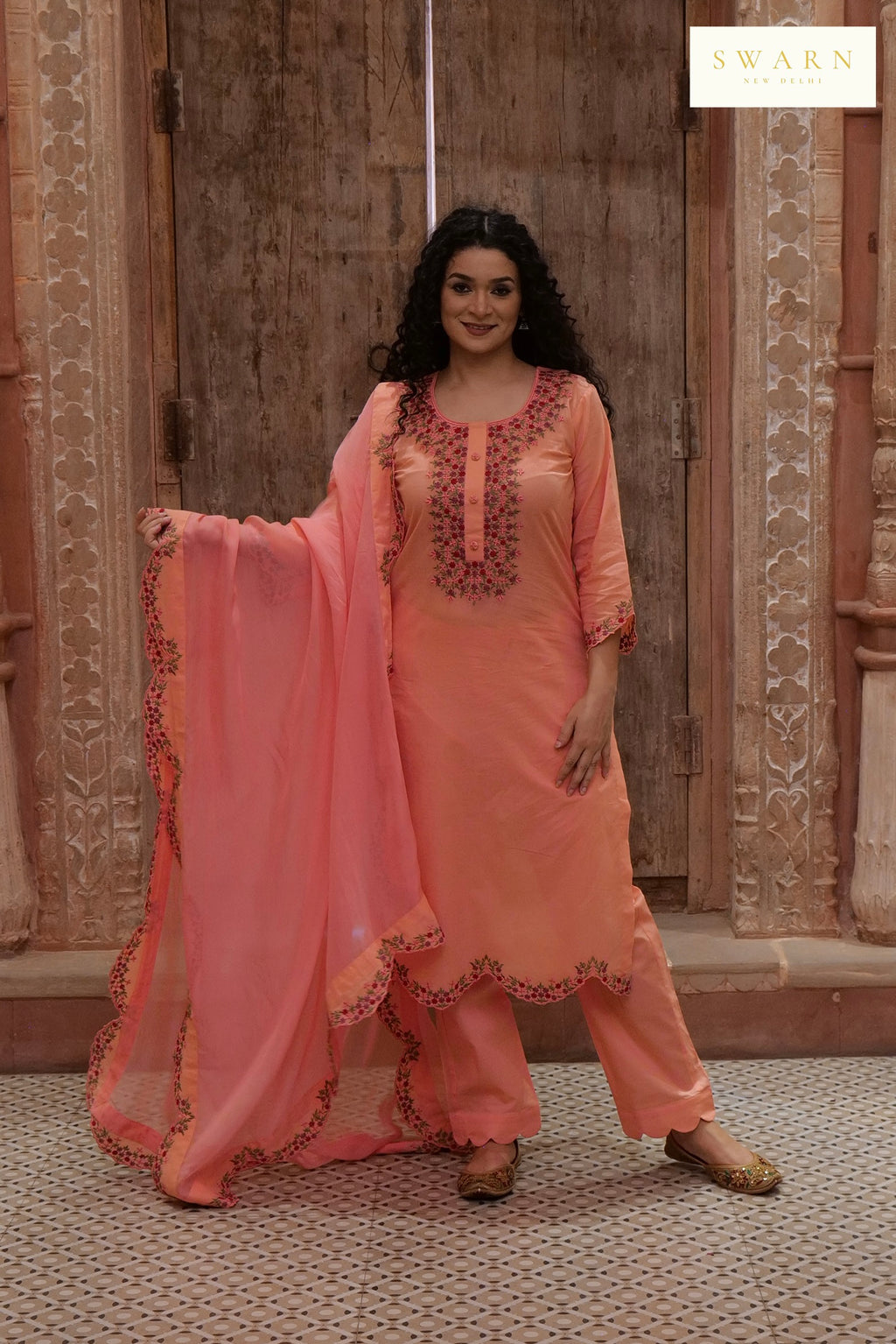 Salmon Pink Cotton Cambric Embroidered Kurta Dupatta Set – 3 piece