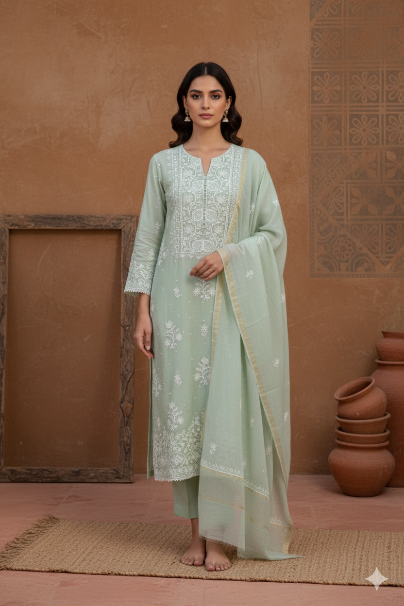 Mint Green Chikankari Mul Mul Cotton Kurta Dupatta Set – 2 piece