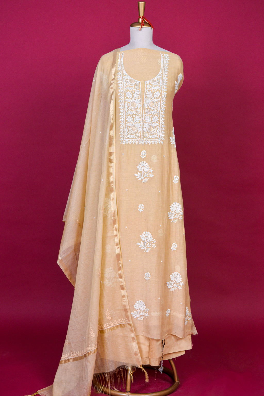 Beige Chikankari Mul Mul Cotton Kurta Dupatta Set – 3 piece