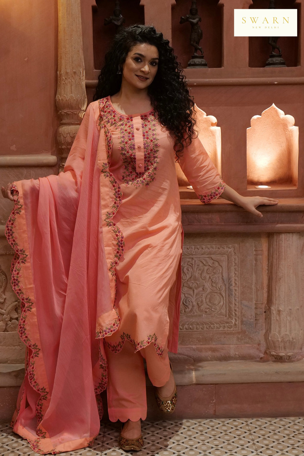 Salmon Pink Cotton Cambric Embroidered Kurta Dupatta Set – 3 piece