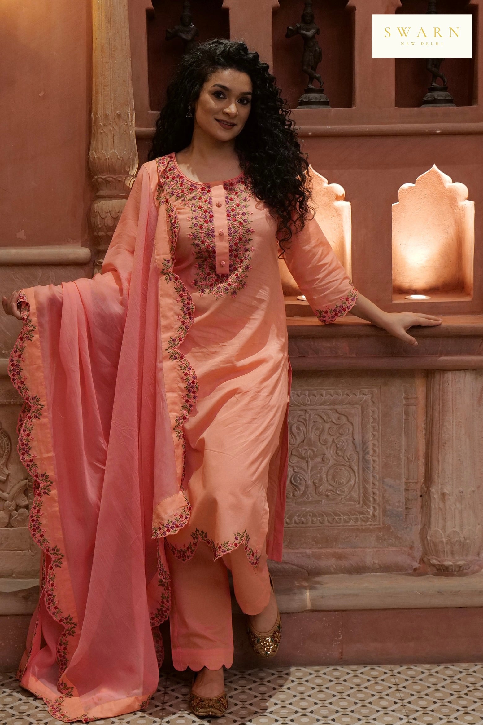 Salmon Pink Cotton Cambric Embroidered Kurta Dupatta Set – 3 piece