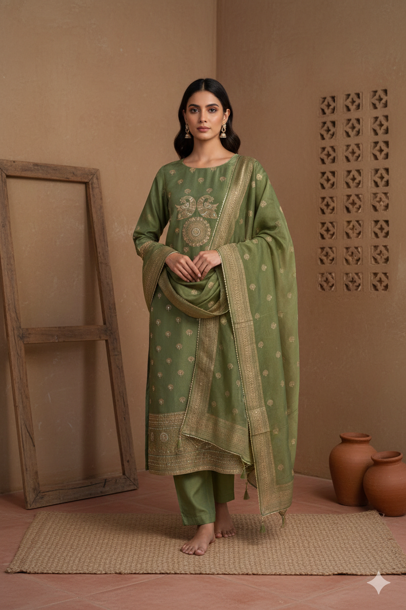 Olive Green Shimmer Tissue Hand Block Printed Kurta Dupatta Set – 3 piece