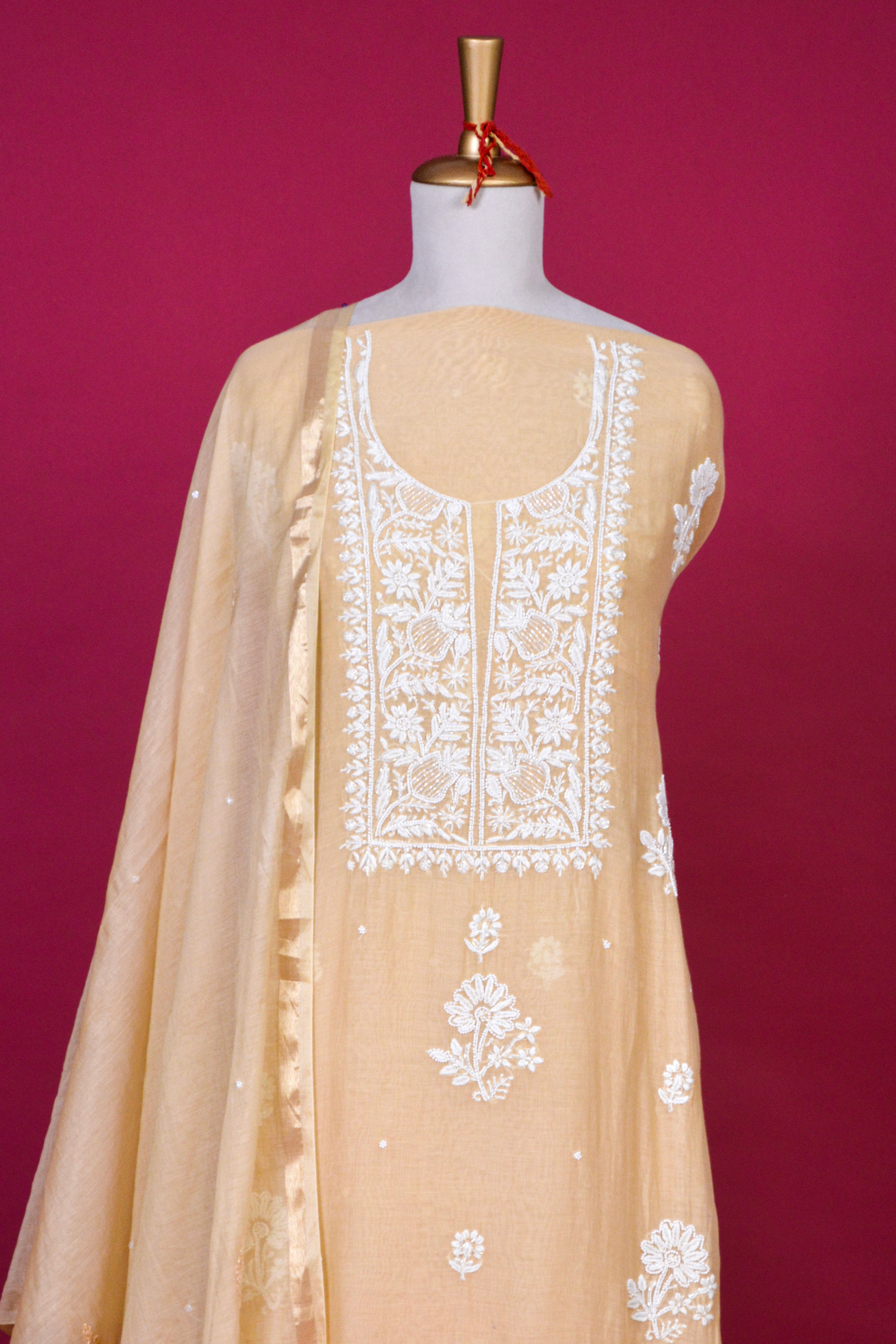 Beige Chikankari Mul Mul Cotton Kurta Dupatta Set – 3 piece