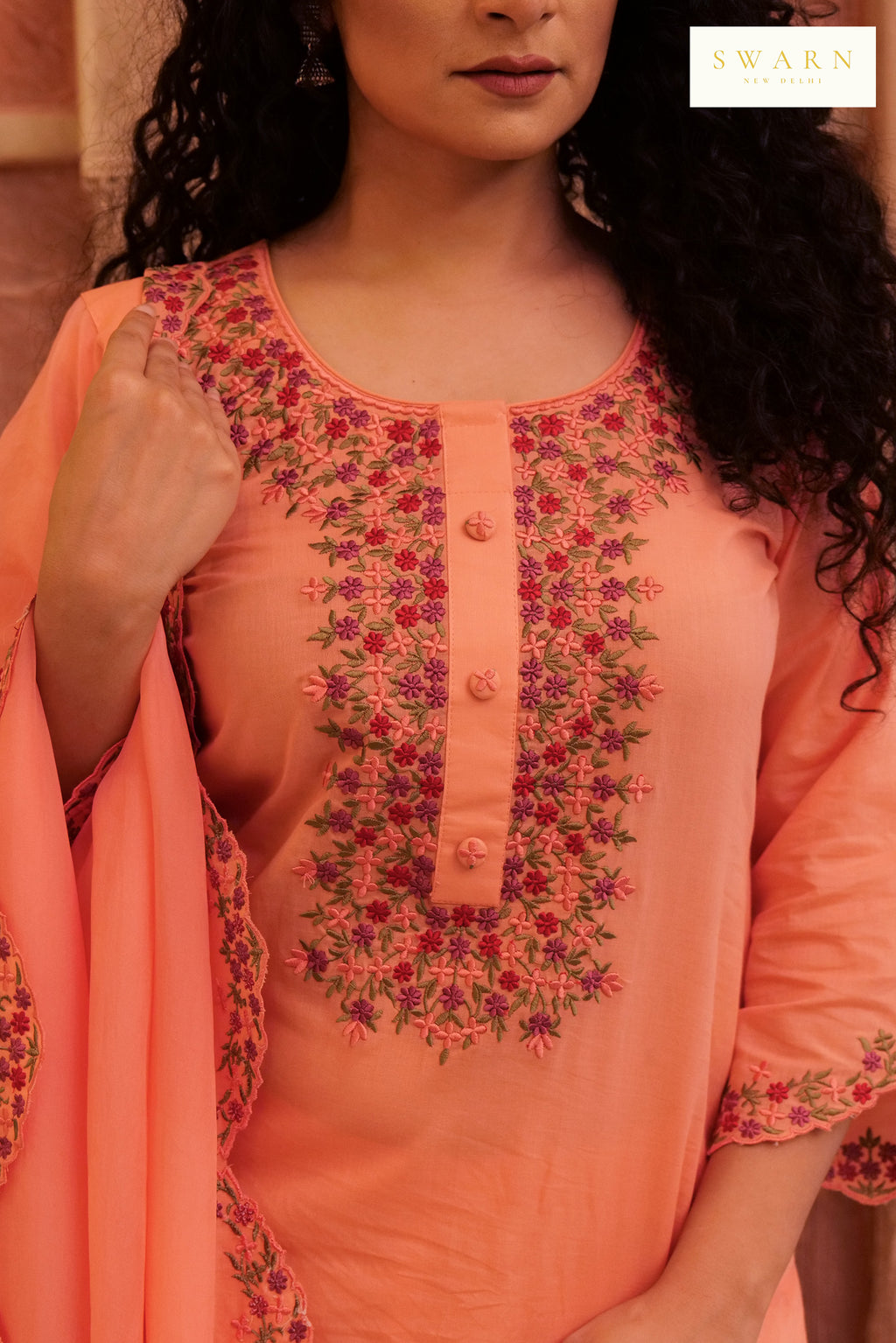 Salmon Pink Cotton Cambric Embroidered Kurta Dupatta Set – 3 piece