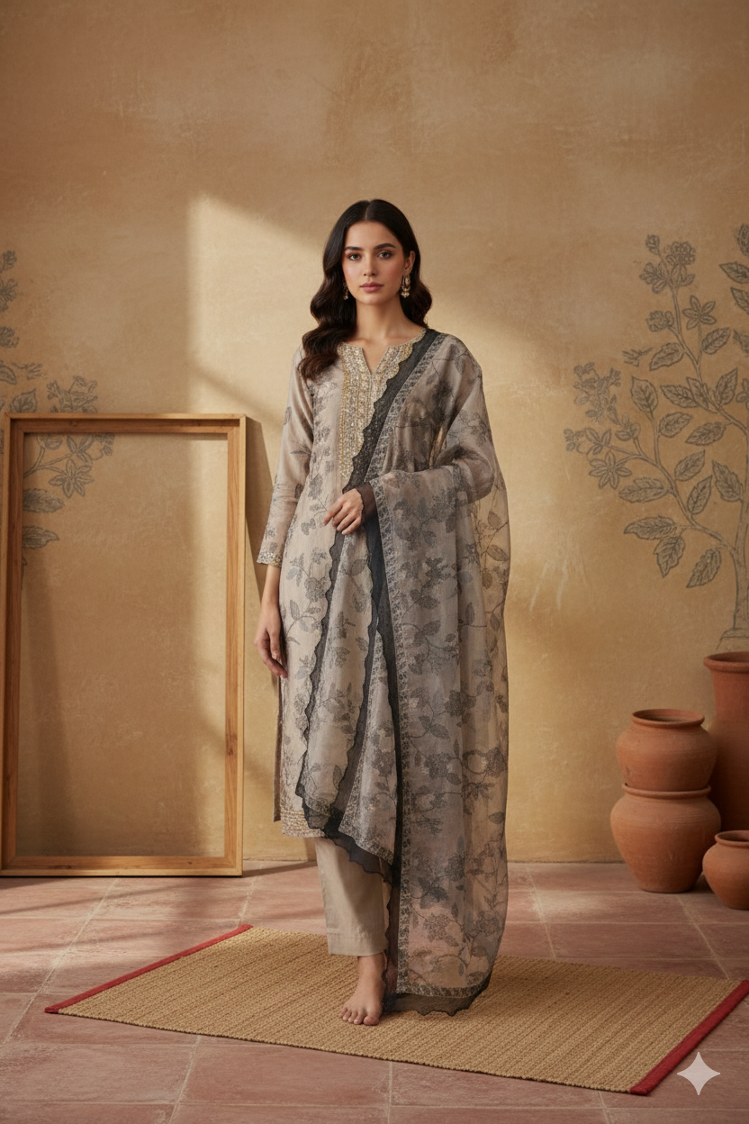 Ash Grey Organza Tissue Thread Embroidered Kurta Dupatta Set – 3 piece